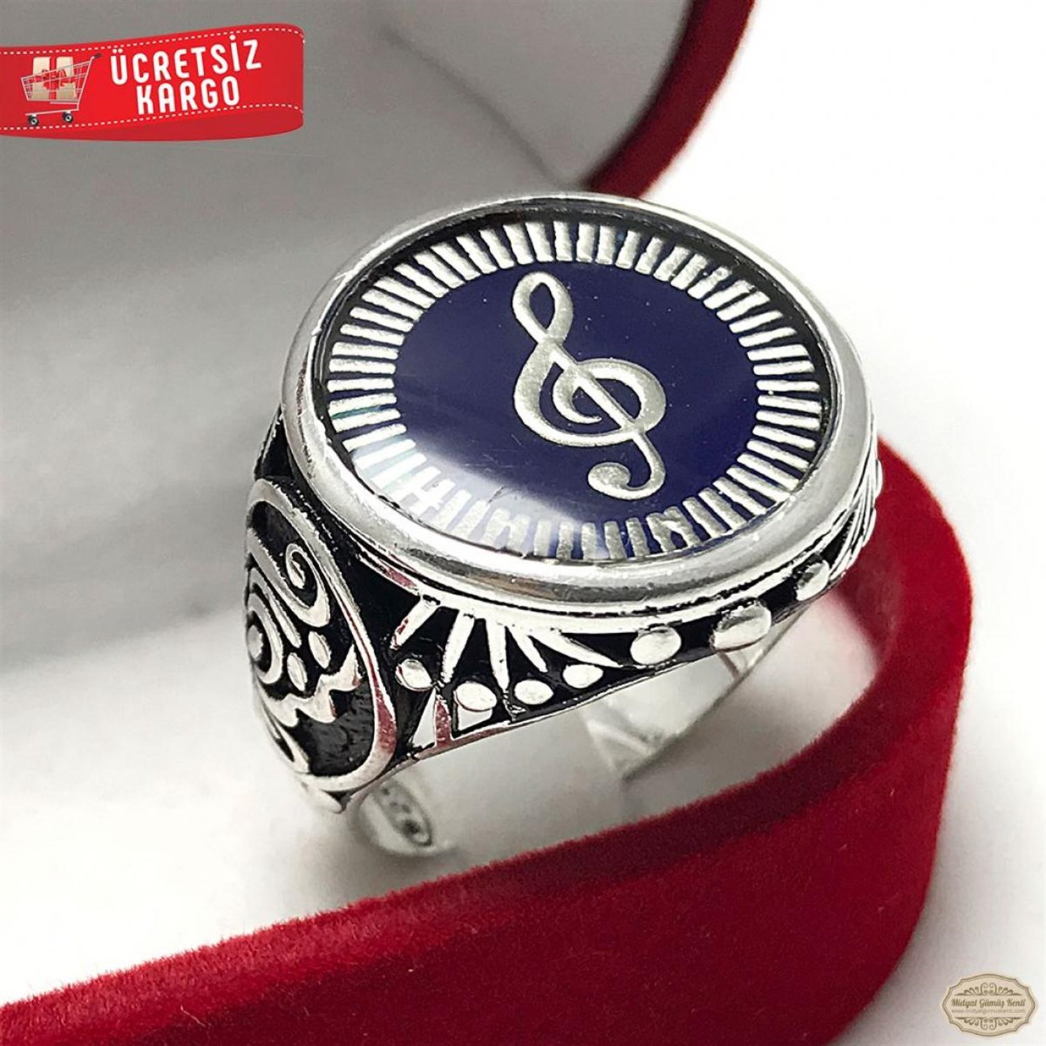 Anahtar Nota Model işlemeli Mor Mineli 925 Ayar Gümüş Erkek Yüzük