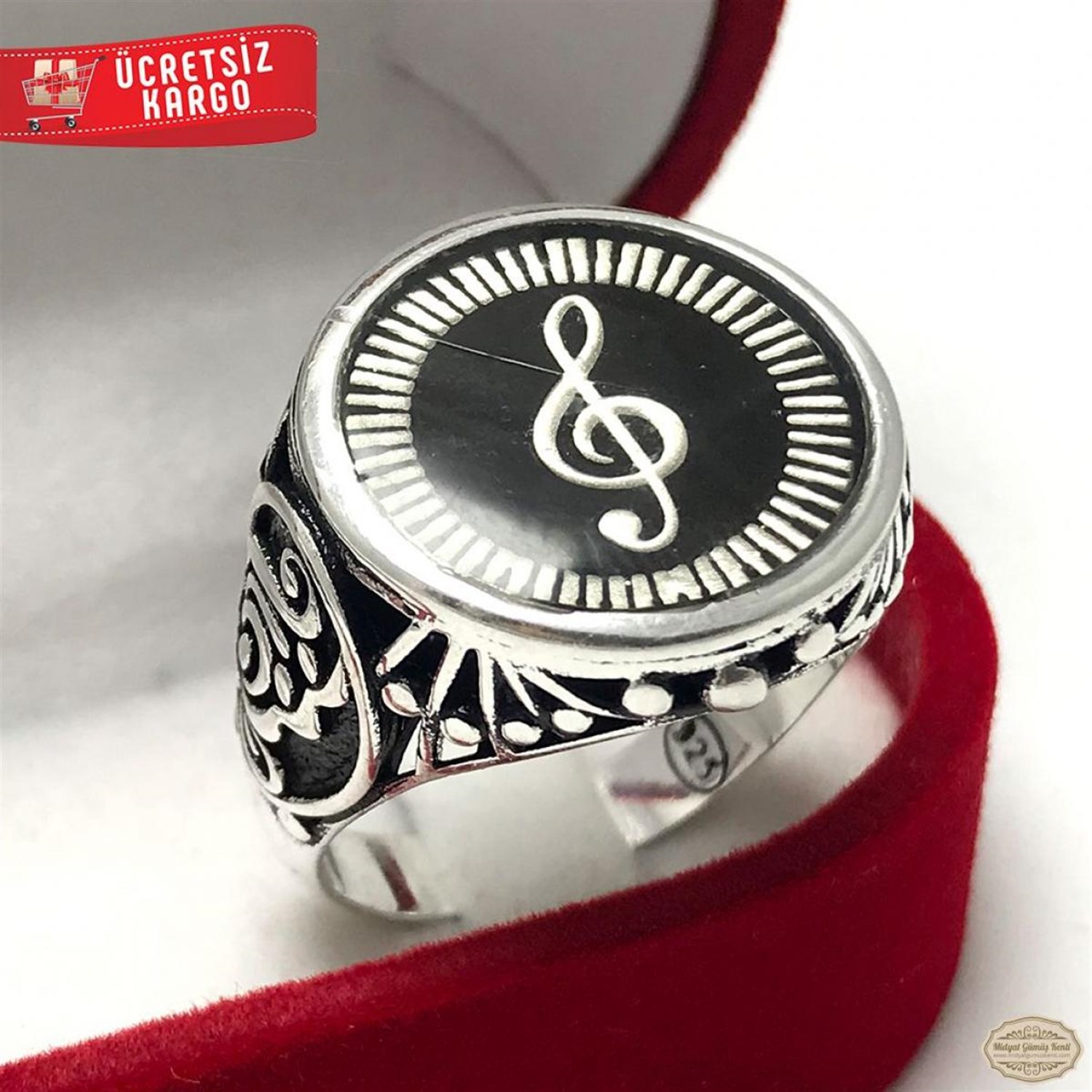 Anahtar Nota Model işlemeli Siyah Mineli 925 Ayar Gümüş Erkek Yüzük