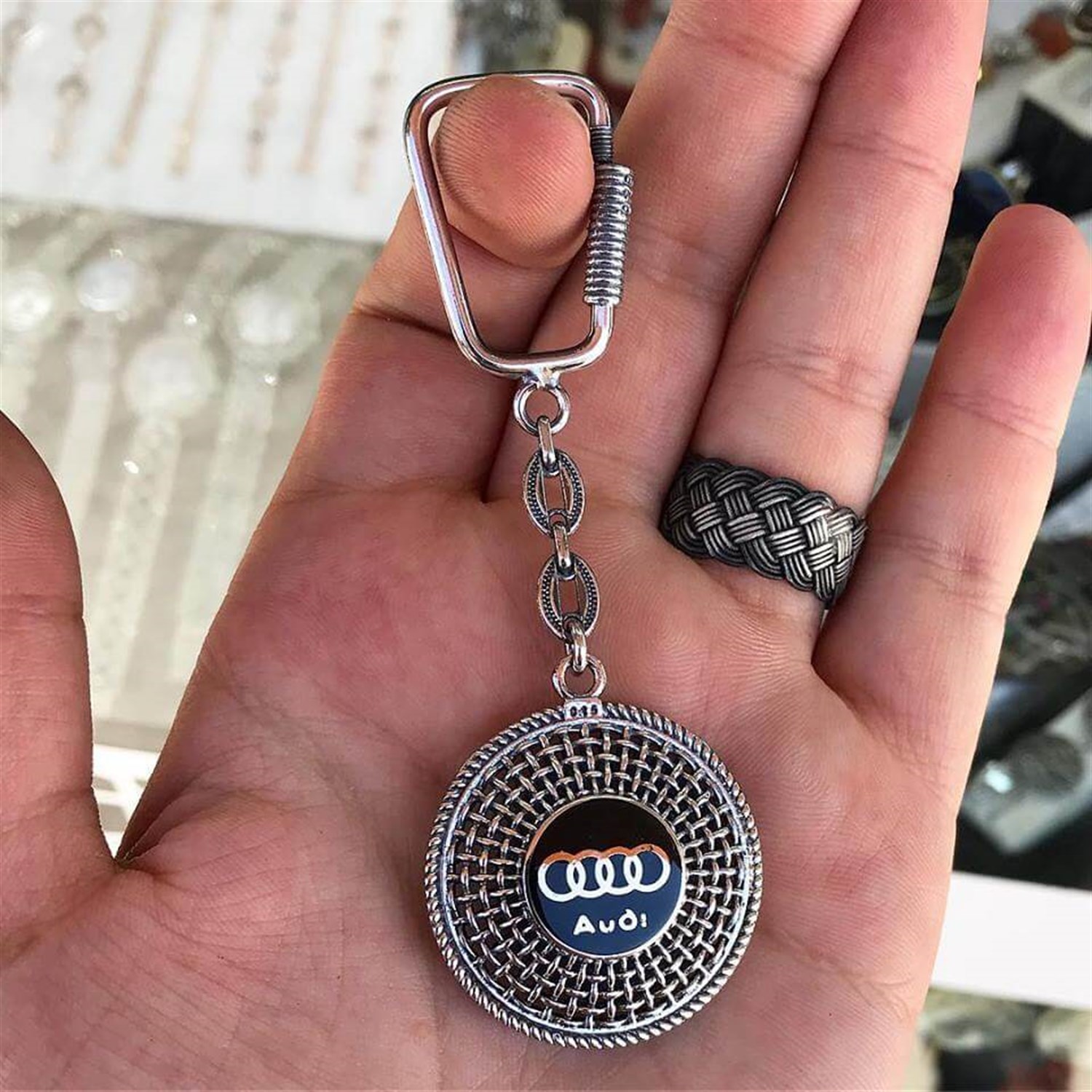 Audi işlemeli Halat Model 925 Ayar Telkari Gümüş Anahtarlık