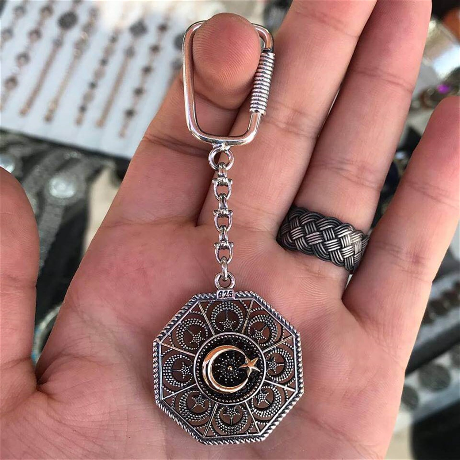 Ayyıldız işlemeli model 925 Ayar Telkari Gümüş Anahtarlık