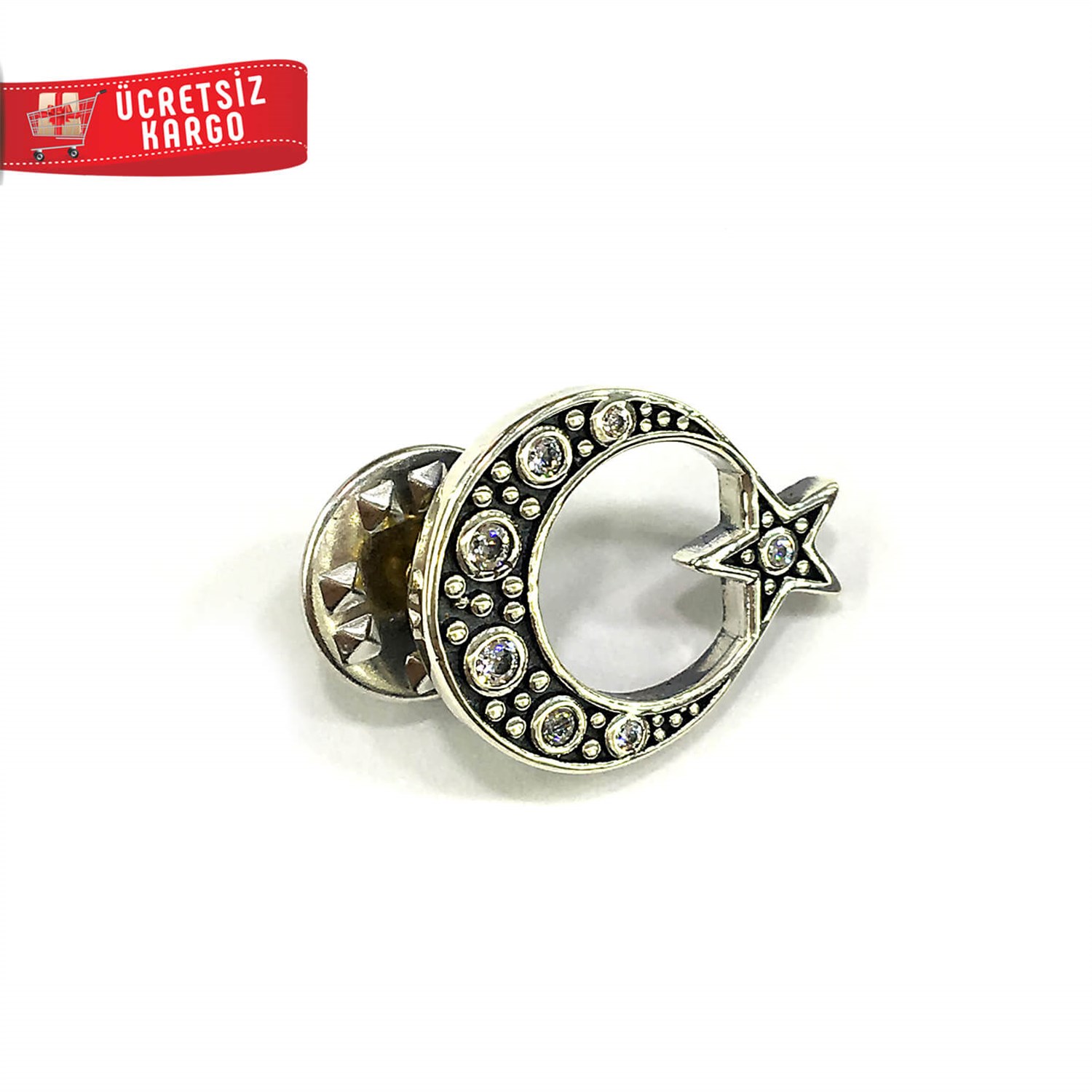 Ayyıldız Taşlı 925 Ayar Gümüş Rozet Yaka İğnesi