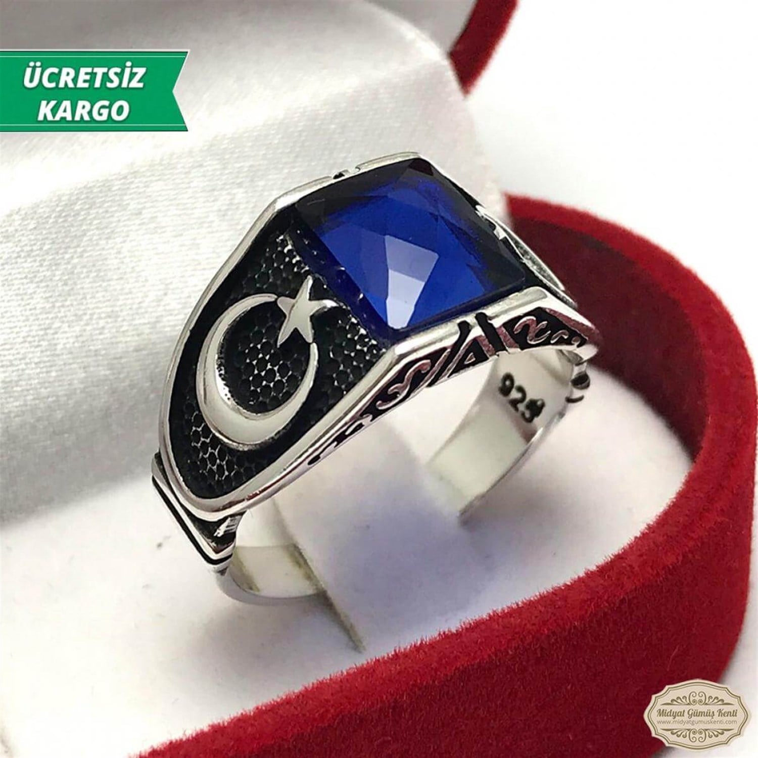 Ayyıldızlı Model Safir Taşlı Erkek Gümüş Yüzük