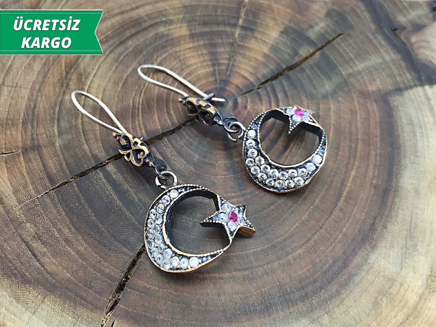 Ayyıldızlı Zirkon Taşlı 925 Ayar Gümüş Bayan Otantik Küpe