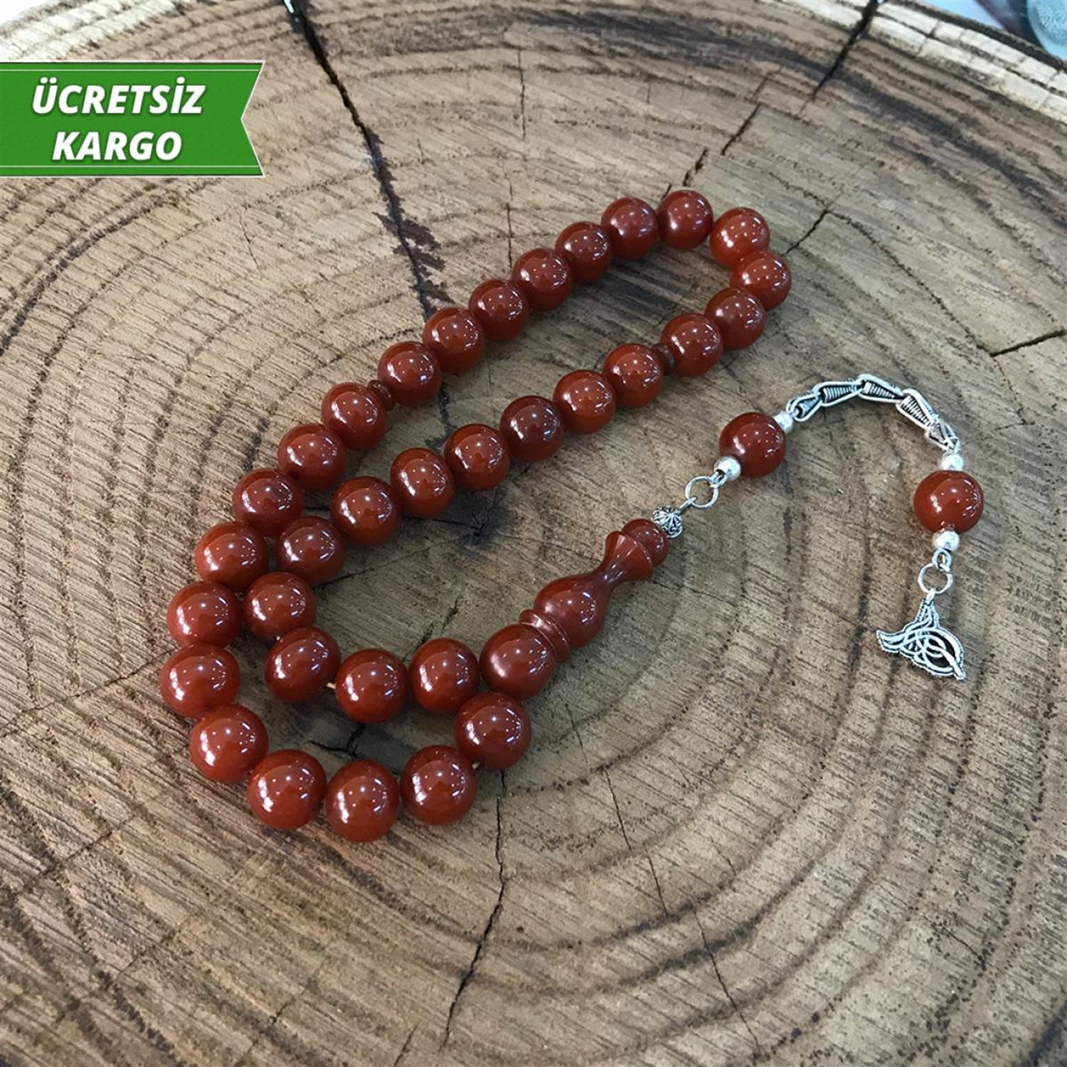 Basık Küre Kesim Kahverengi Renkte Sıkma Kehribar Tesbih 