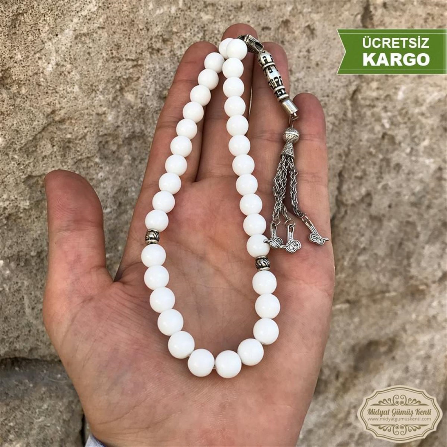 Beyaz Mercan Taşlı Küre Kesim Doğal Taşlı Tesbih