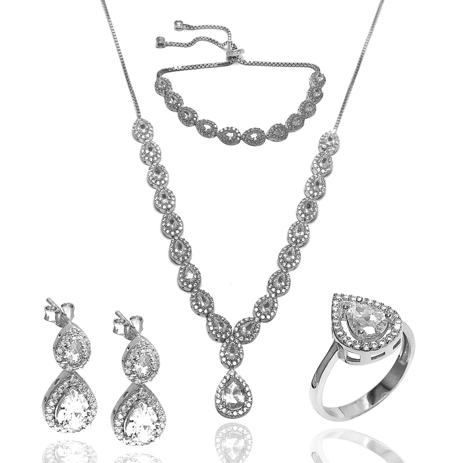 Beyaz Zirkon Taşlı 925 Ayar Damla Model Bayan Gümüş Set