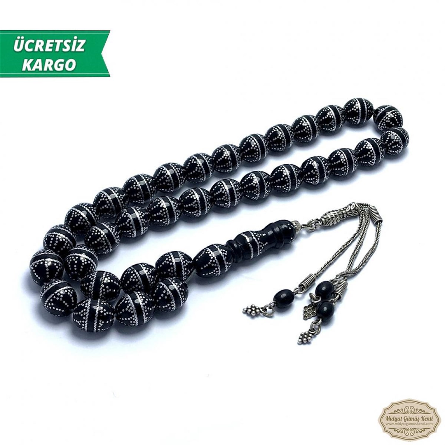 Beyzi Kesim Gümüş İşlemeli Yusuri-(Siyah Mercan) Tesbih 
