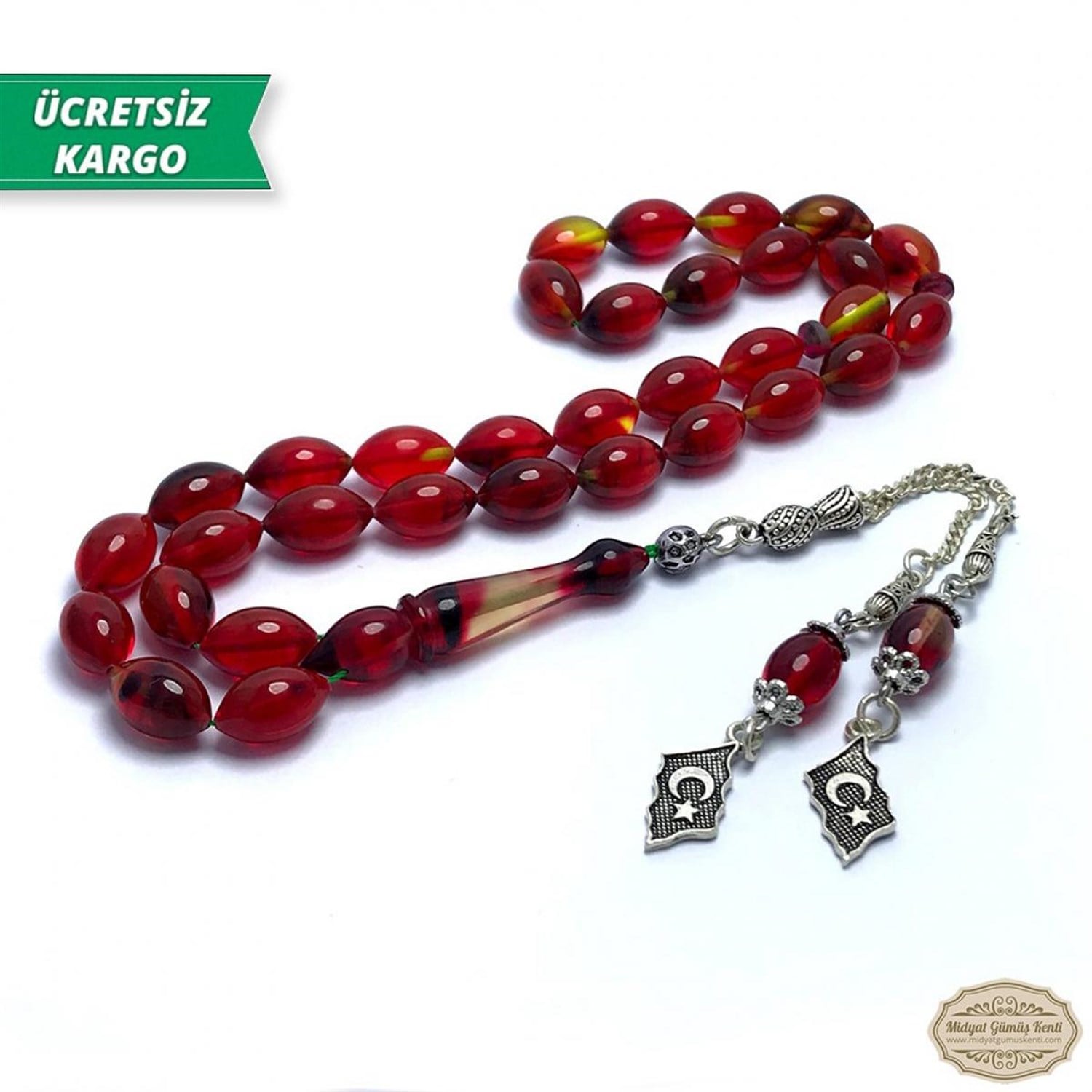 Beyzi Kesim Sarı Kırmızı Renkte Ateş Kehribar Tesbih