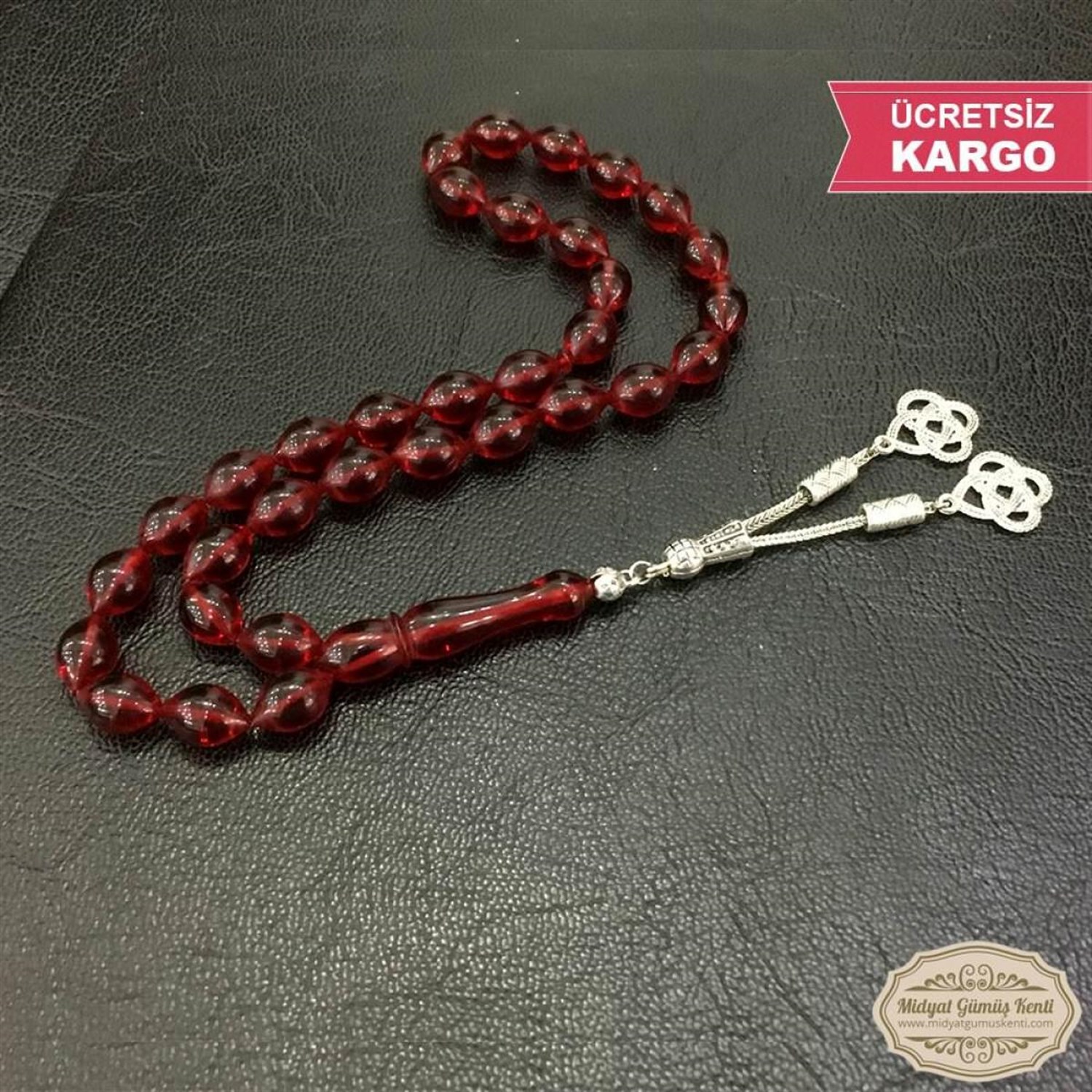 Beyzi Kesim Yonca Gümüş Püsküllü Ateş Kehribar Tesbih