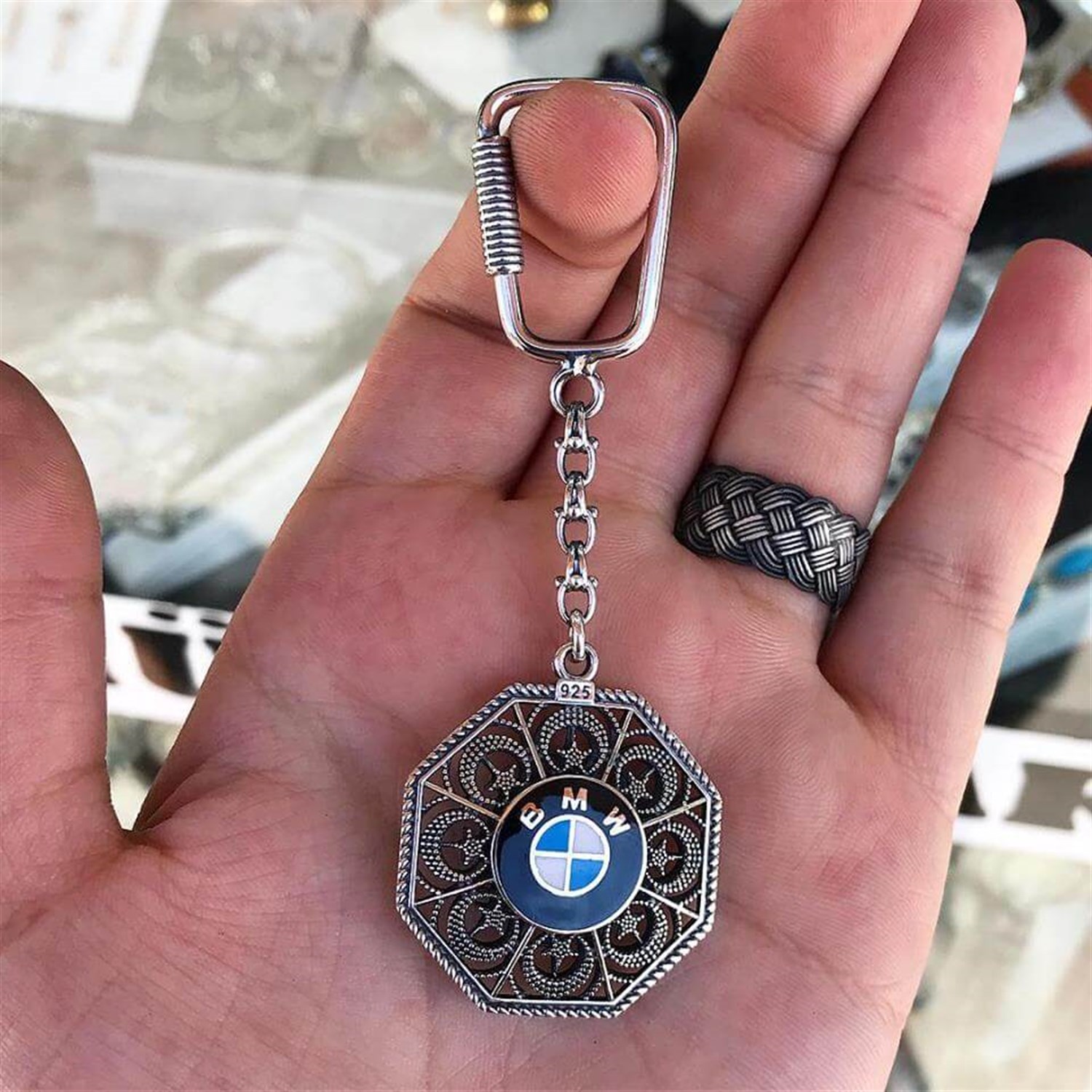 BMW işlemeli Ayyıldız model 925 Ayar Telkari Gümüş Anahtarlık