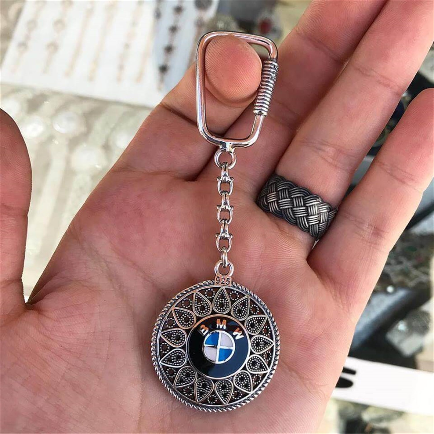 BMW işlemeli Damla Model 925 Ayar Telkari Gümüş Anahtarlık 