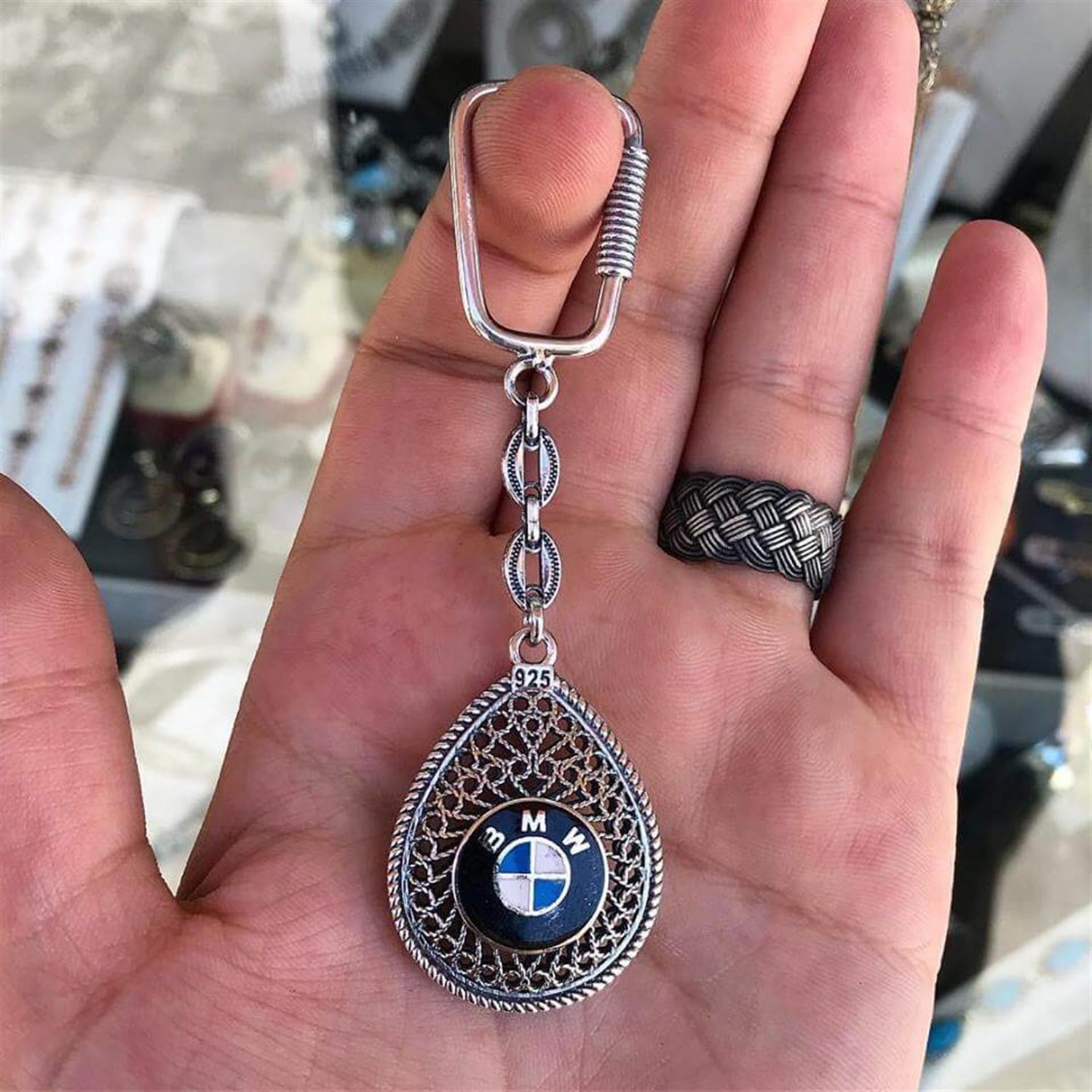 BMW işlemeli Damla Model 925 Ayar Telkari Gümüş Anahtarlık