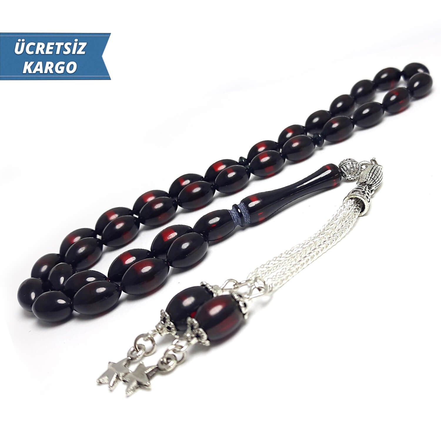 Bordo ve Siyah Renkte Arpa Kesim Toz Kehribar Tesbih