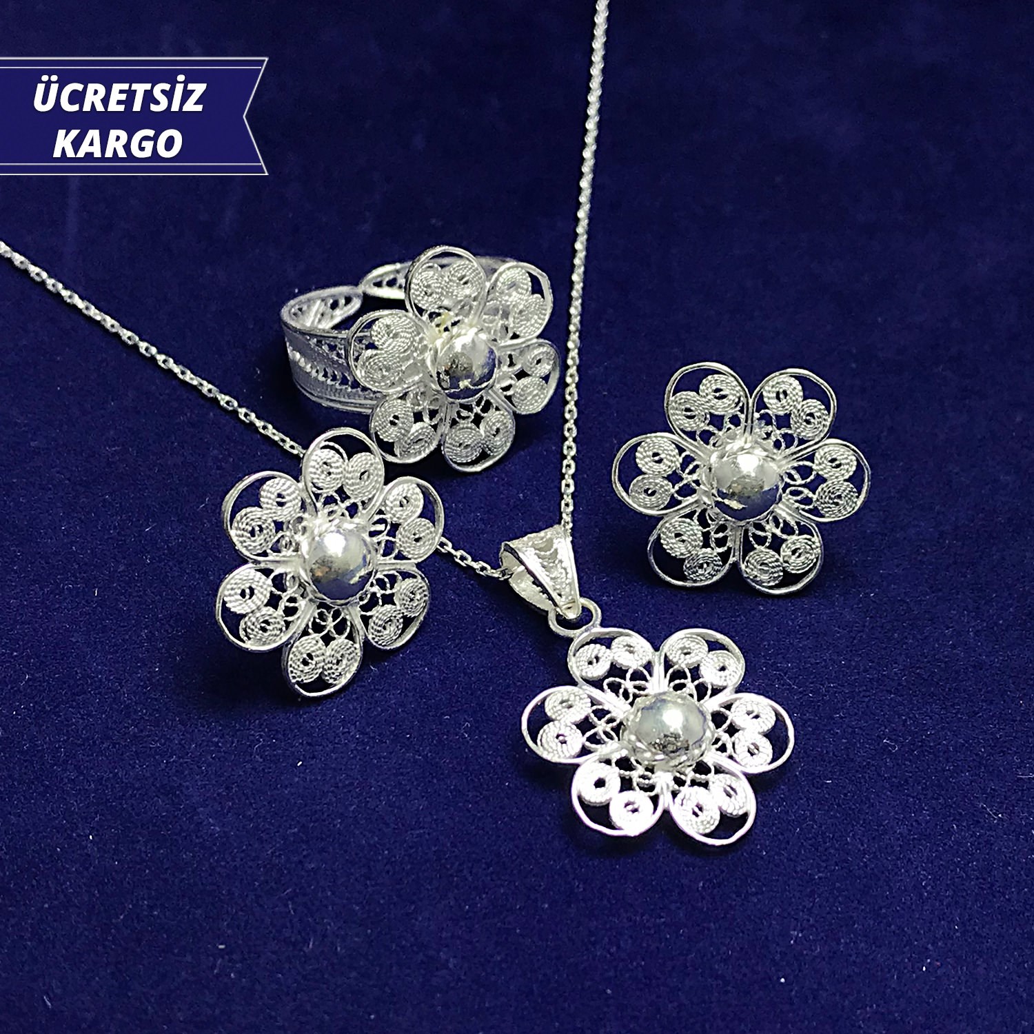 Çiçek Model 925 Ayar Telkari Bayan Gümüş Üçlü Set