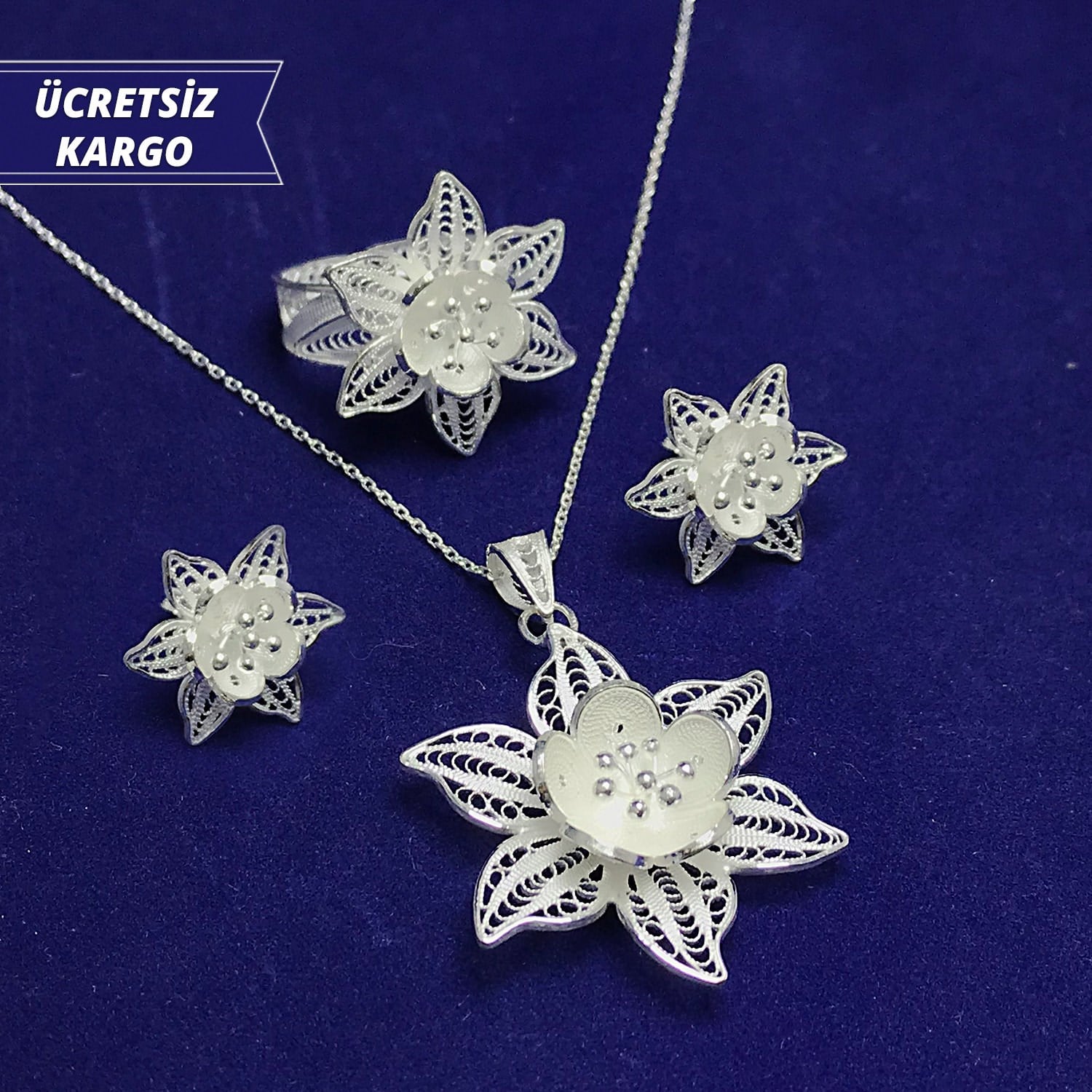 Çiçek Model 925 Ayar Telkari Bayan Gümüş Üçlü Set