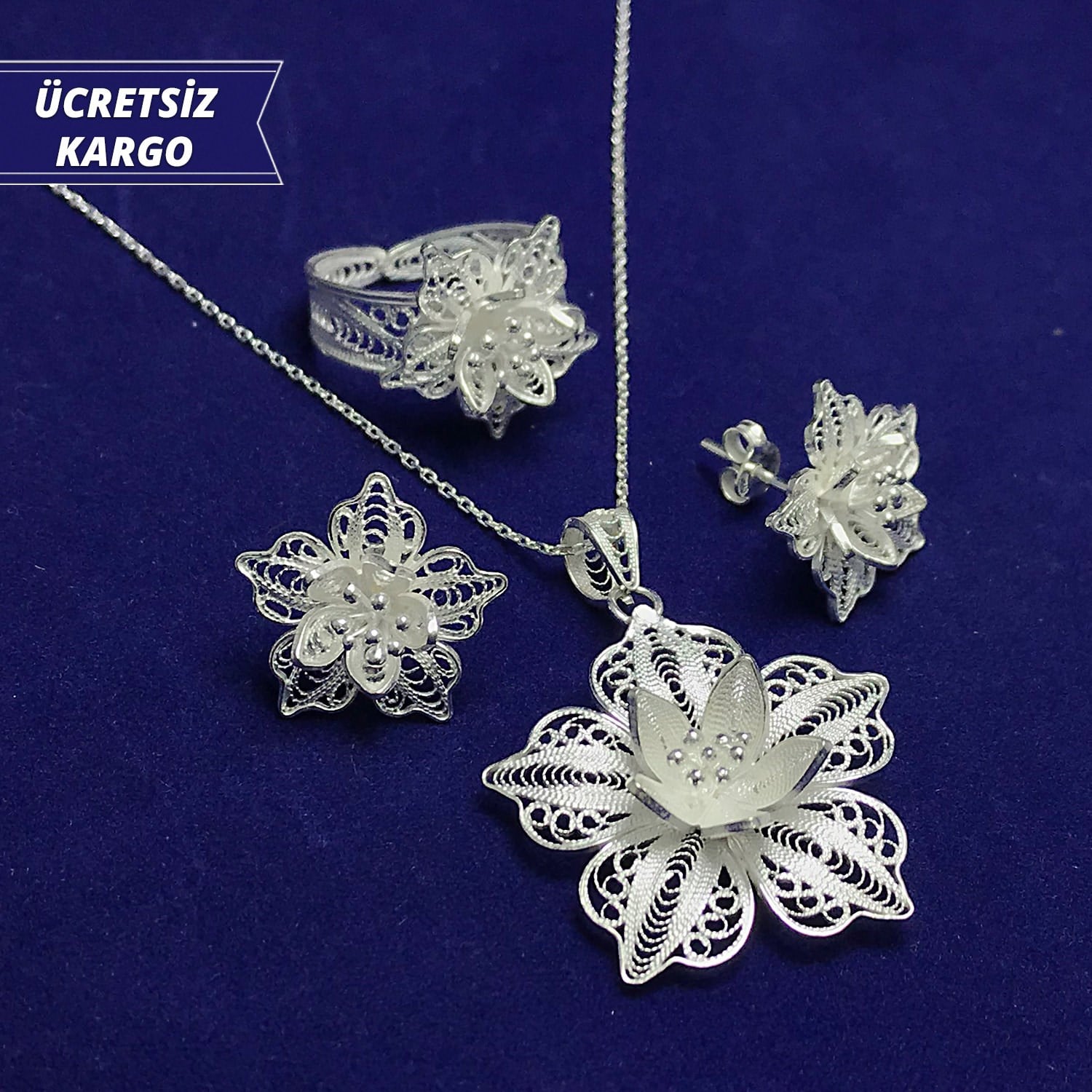 Çiçek Model 925 Ayar Telkari Bayan Gümüş Üçlü Set