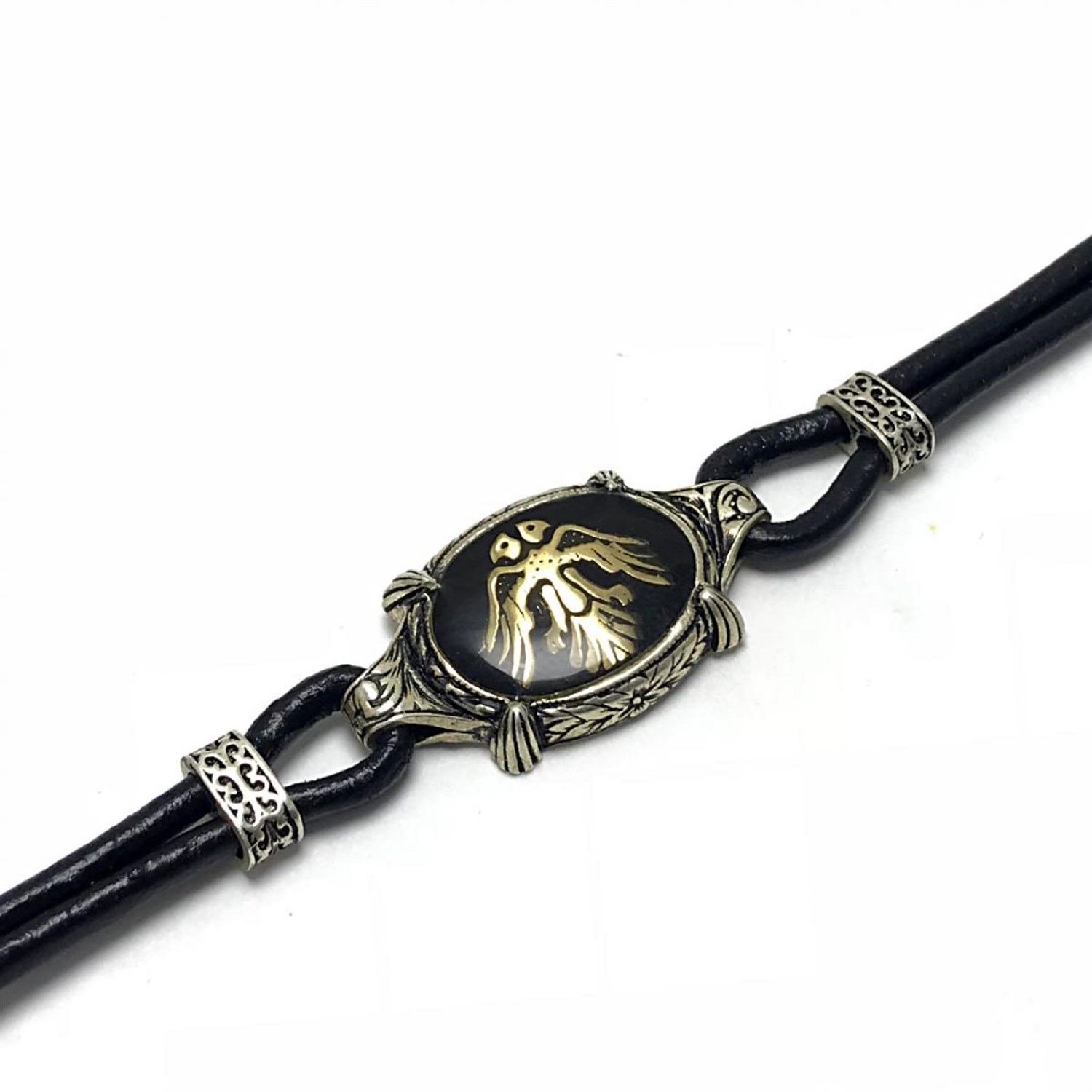 Çift Başlı Kartal işlemeli Mavi Mineli Deri Kordonlu Erkek Gümüş Bileklik