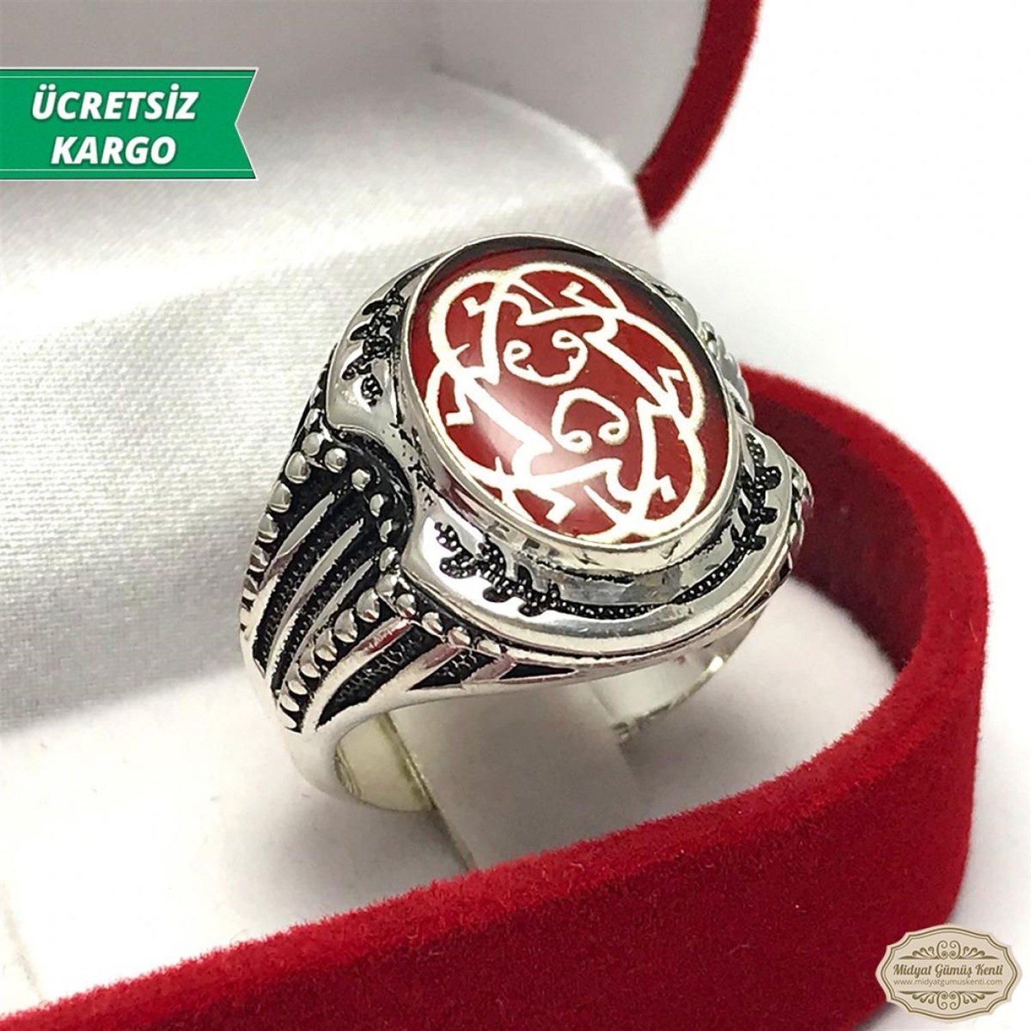 Çift Vav işlemeli Mineli Erkek Gümüş Yüzük
