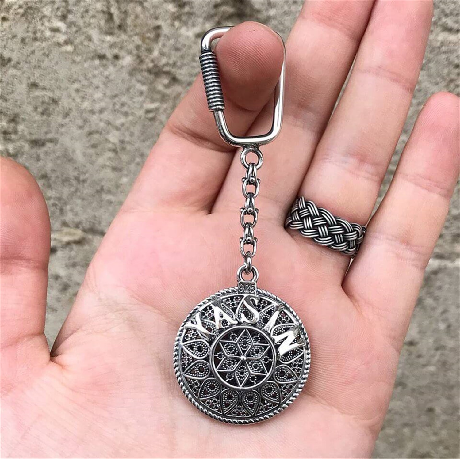 Damla işlemeli isimli Telkari Gümüş Anahtarlık