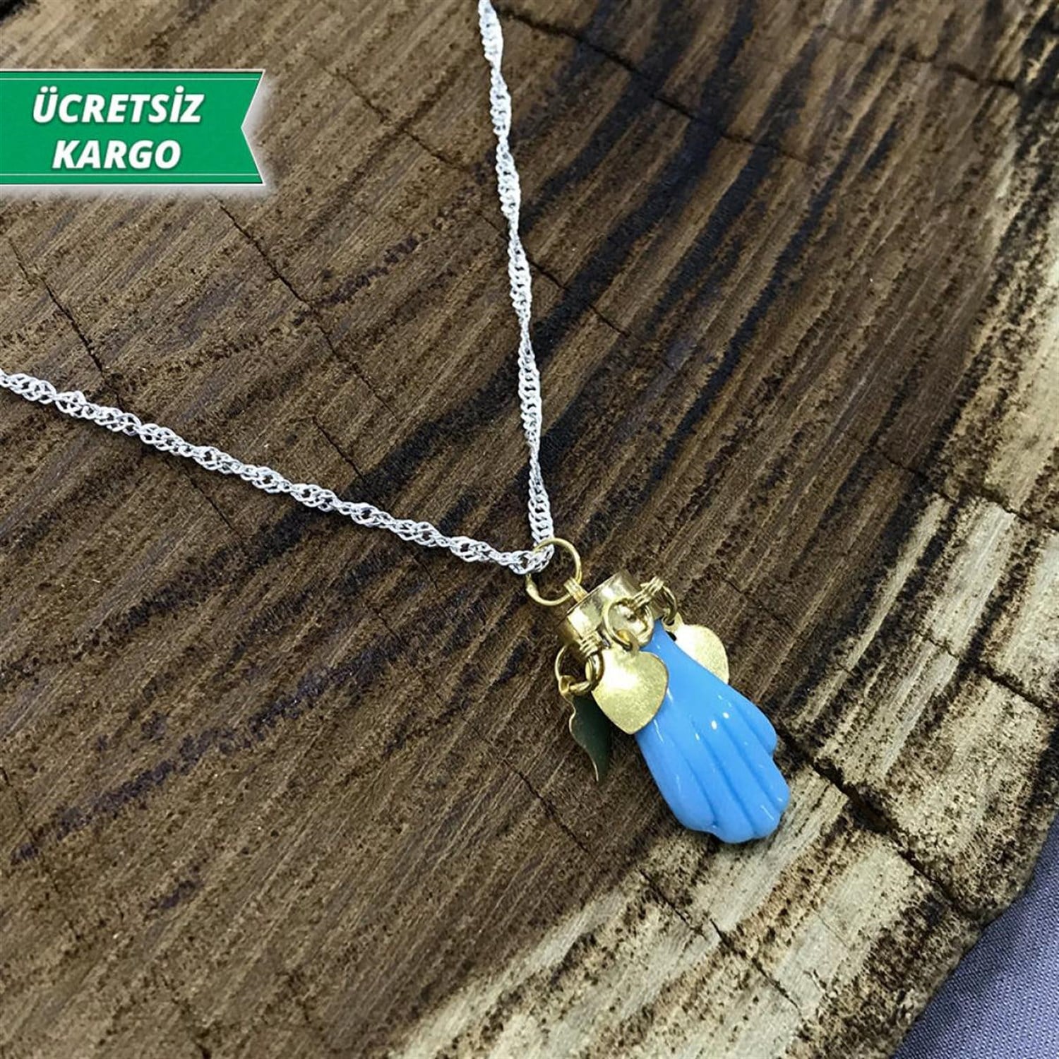 Doğal Taşlı El Model Metal Üzeri Altın Kaplamalı Midyat Yöresel Kolye Ucu
