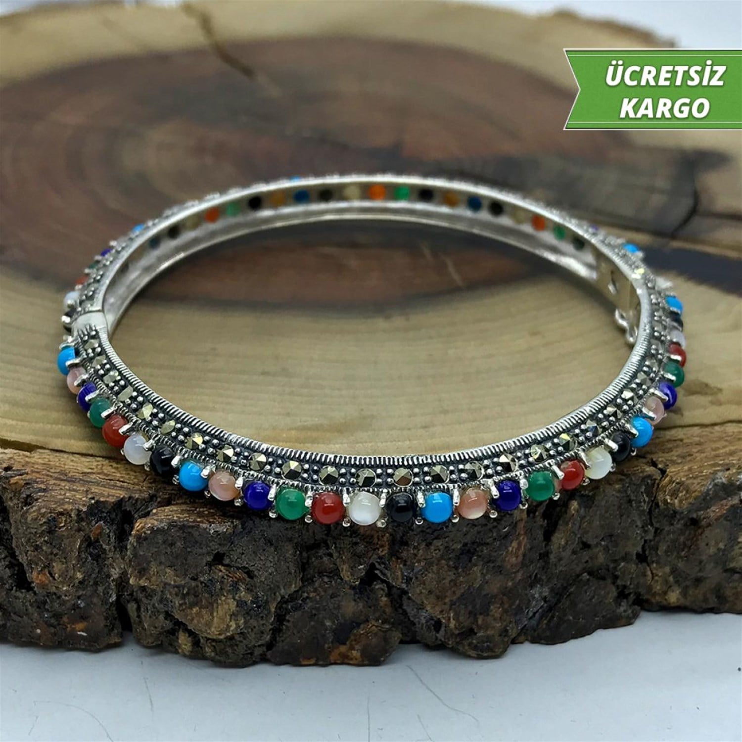 Doğal Taşlı Model Markazit Midyat Bayan Gümüş Bilezik