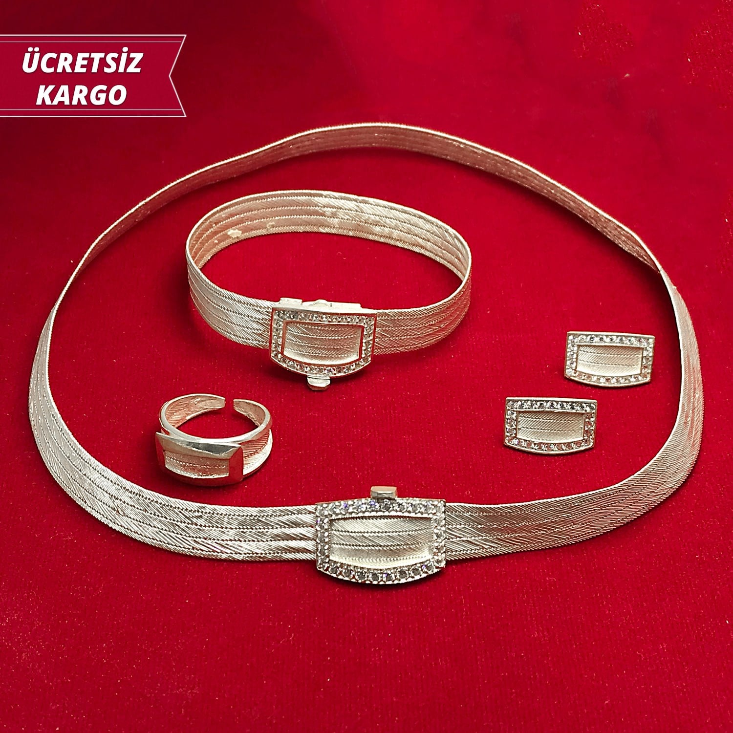 Etrafı Taşlı Trabzon Hasırı Gümüş Dörtlü Set