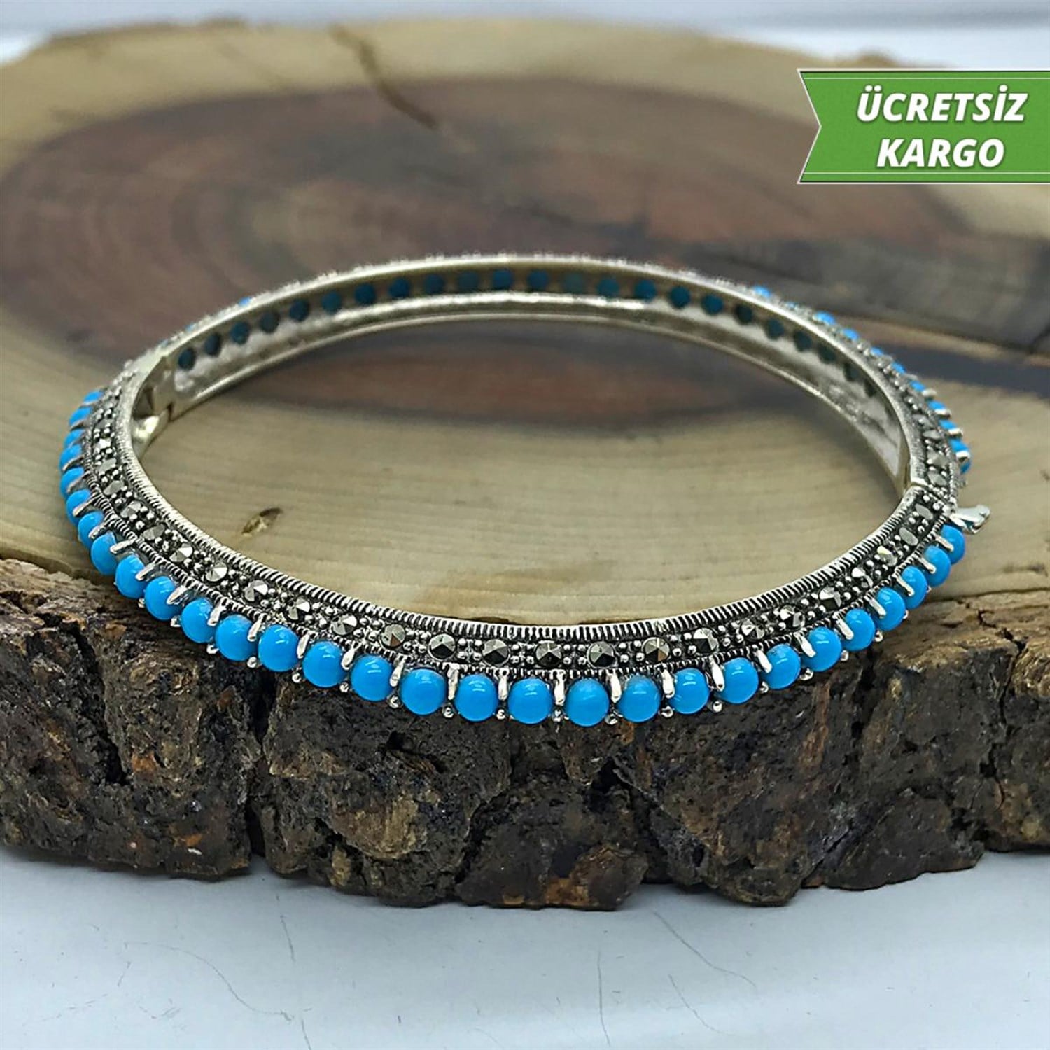 Firuze Taş Model Markazit Midyat Bayan Gümüş Bilezik