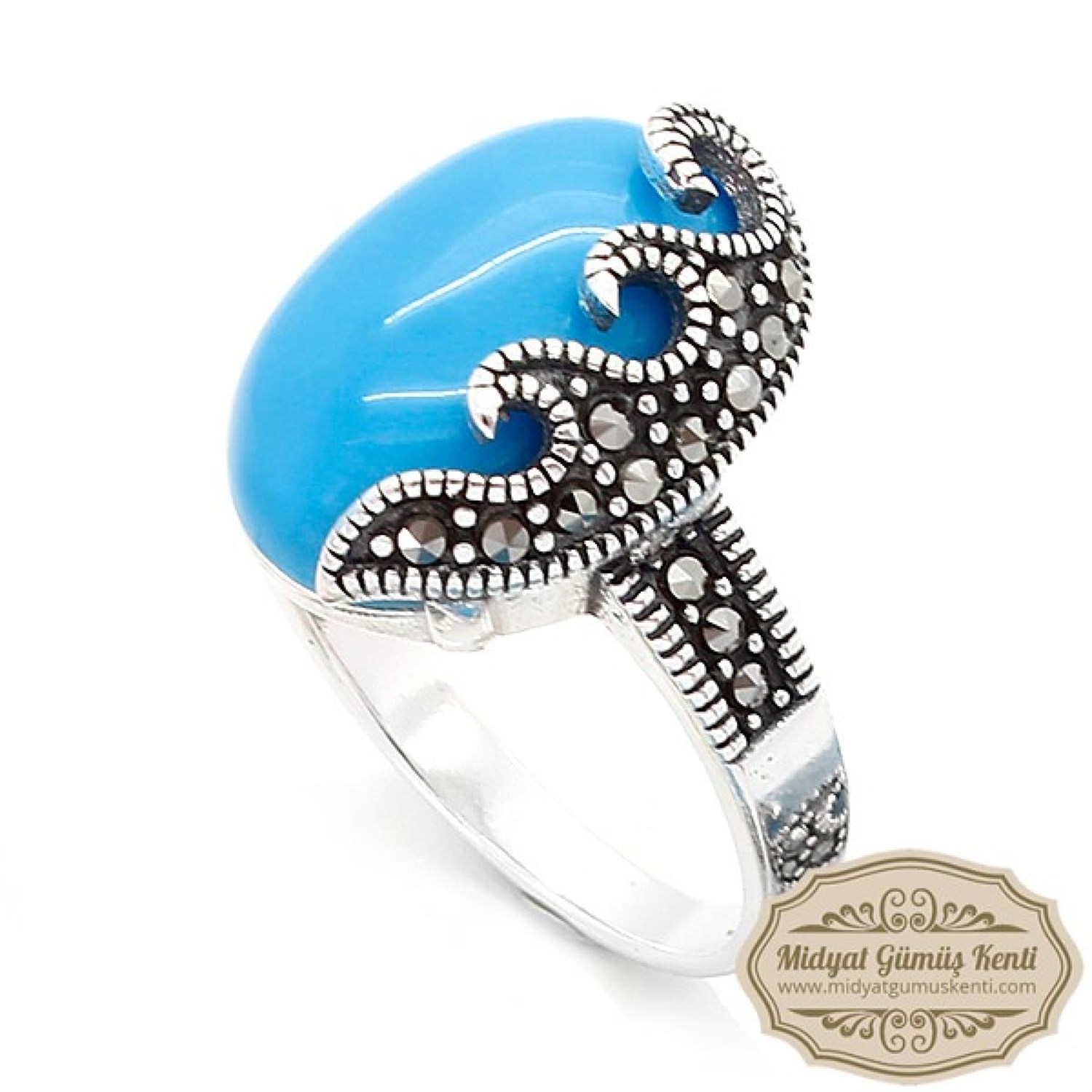 Firuze Taşlı Elips Model 925 Ayar Bayan Markazit Gümüş Yüzük