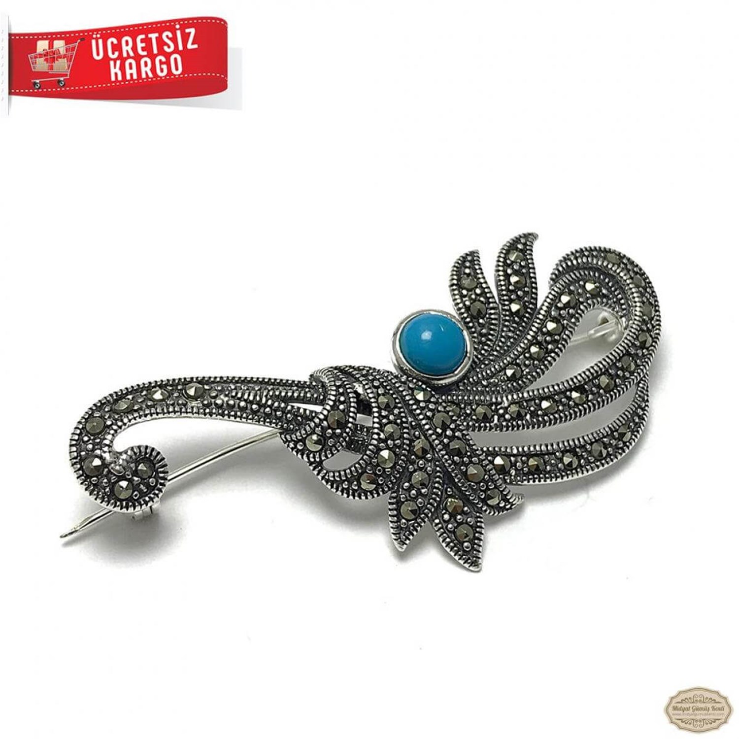 Firüze Taşlı Kurdele Model Markazit Gümüş Broş Yaka İğnesi