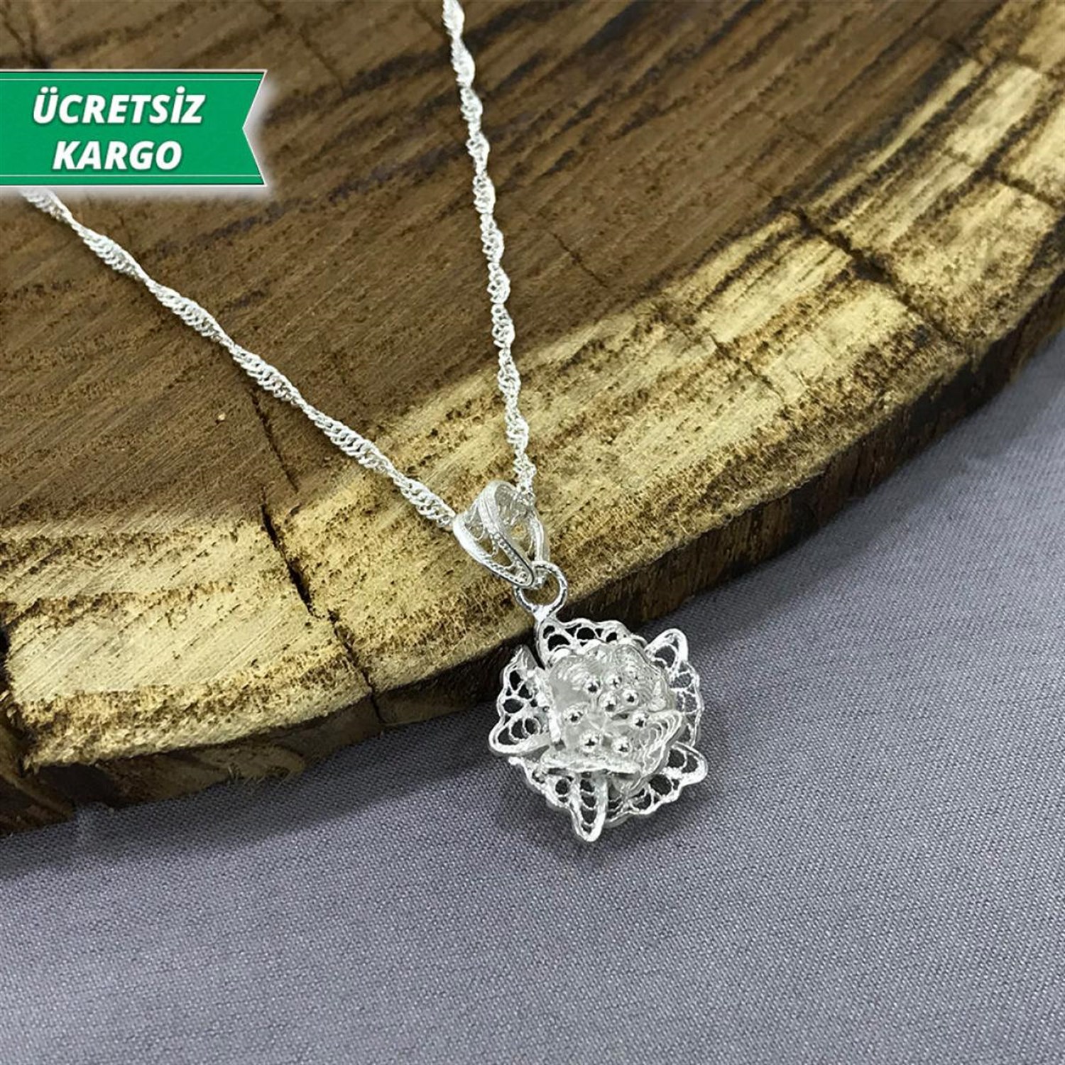 Gül Model Midyat Yöresel Telkari Gümüş Kolye Ucu