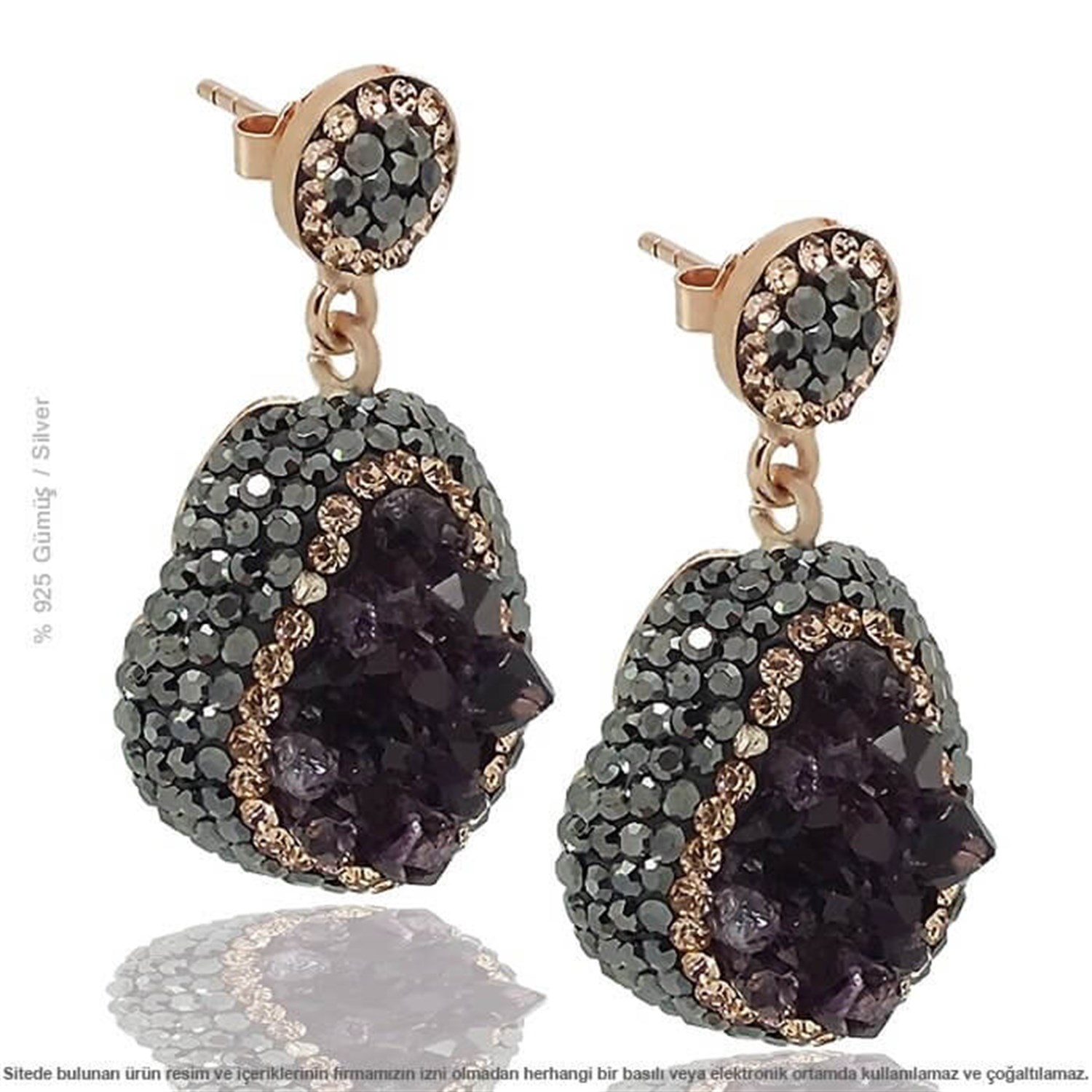 Gümüş Swarovski Taşlı Doğal Ametist Küpe