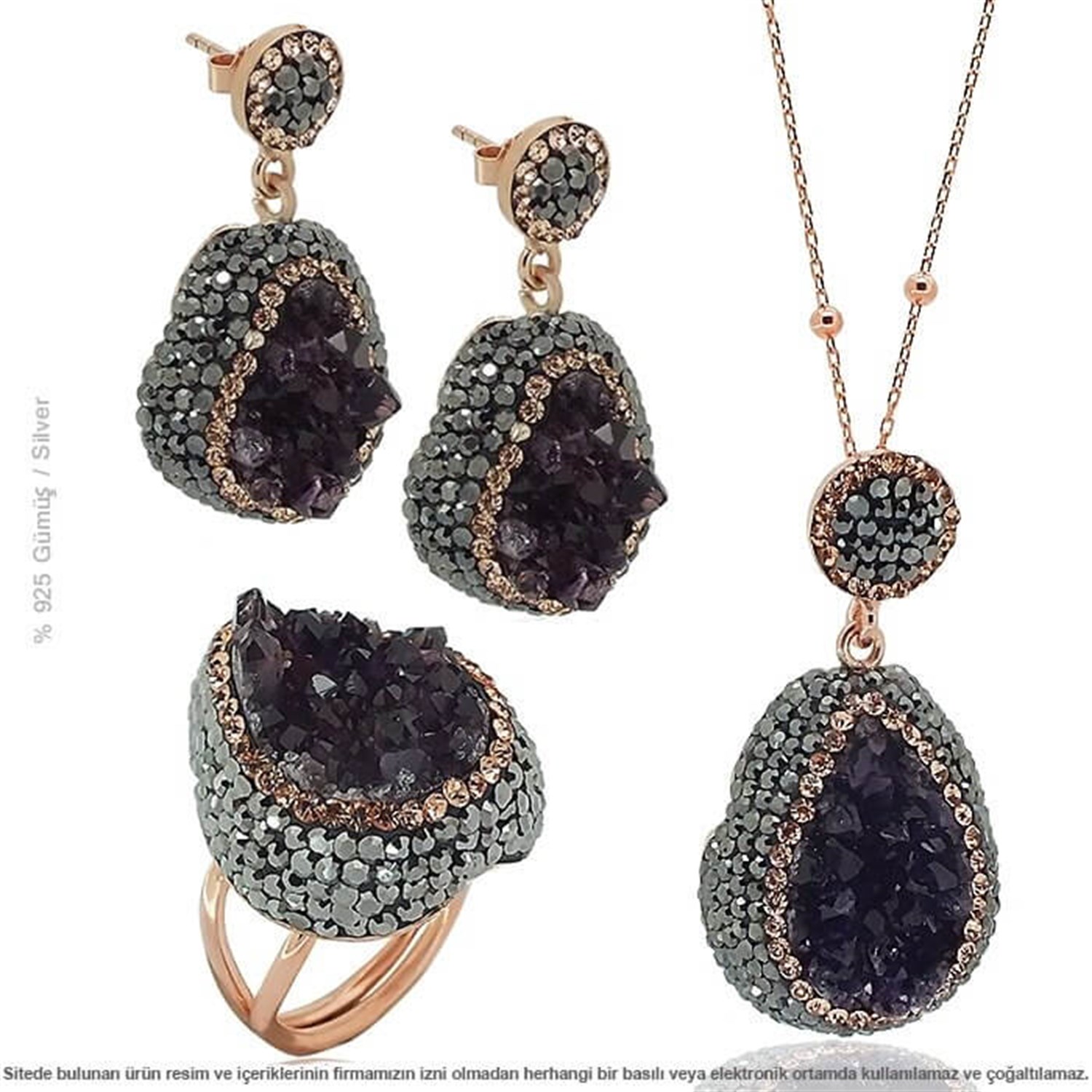 Gümüş Swarovski Taşlı Doğal Ametist Set
