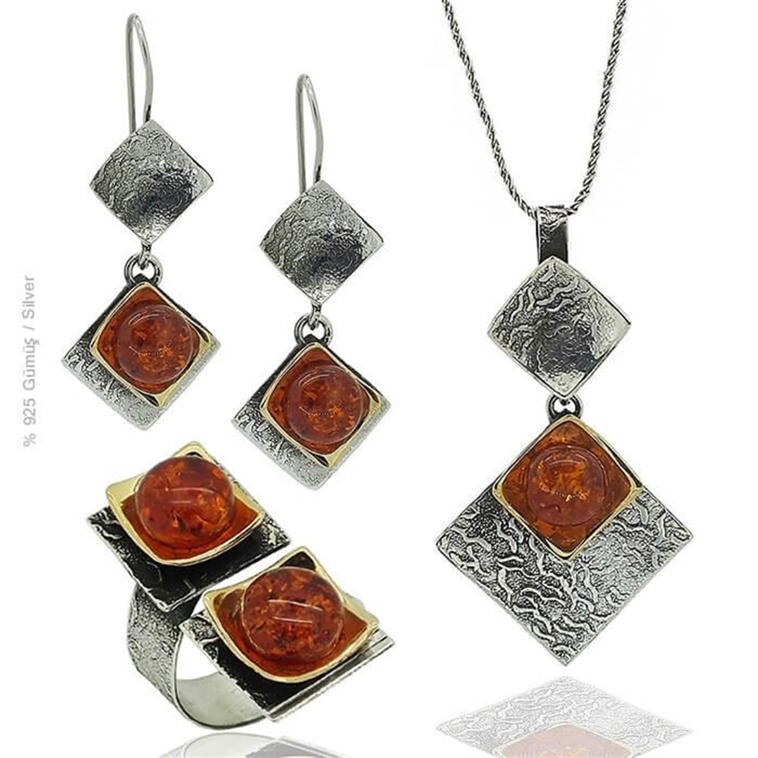 Gümüş Tasarım Pres Kehribar Taşlı Set Takı