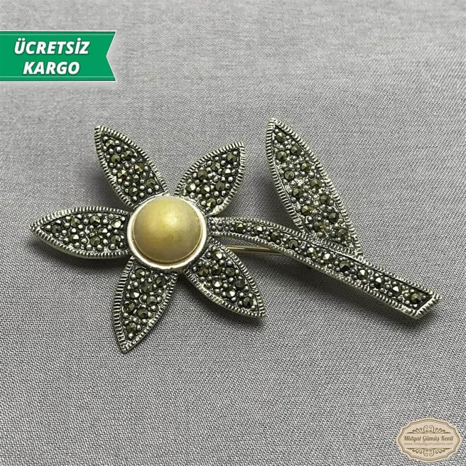 inci Taşlı Çiçek Model Telkari Bayan Gümüş Broş