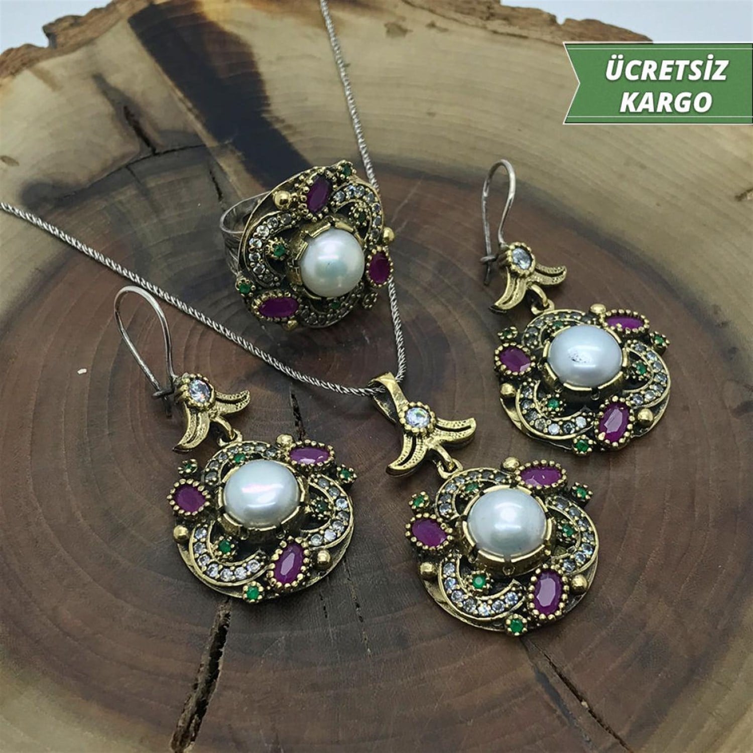 inci Taşlı Gül Model 925 Ayar Otantik Gümüş Üçlü Set