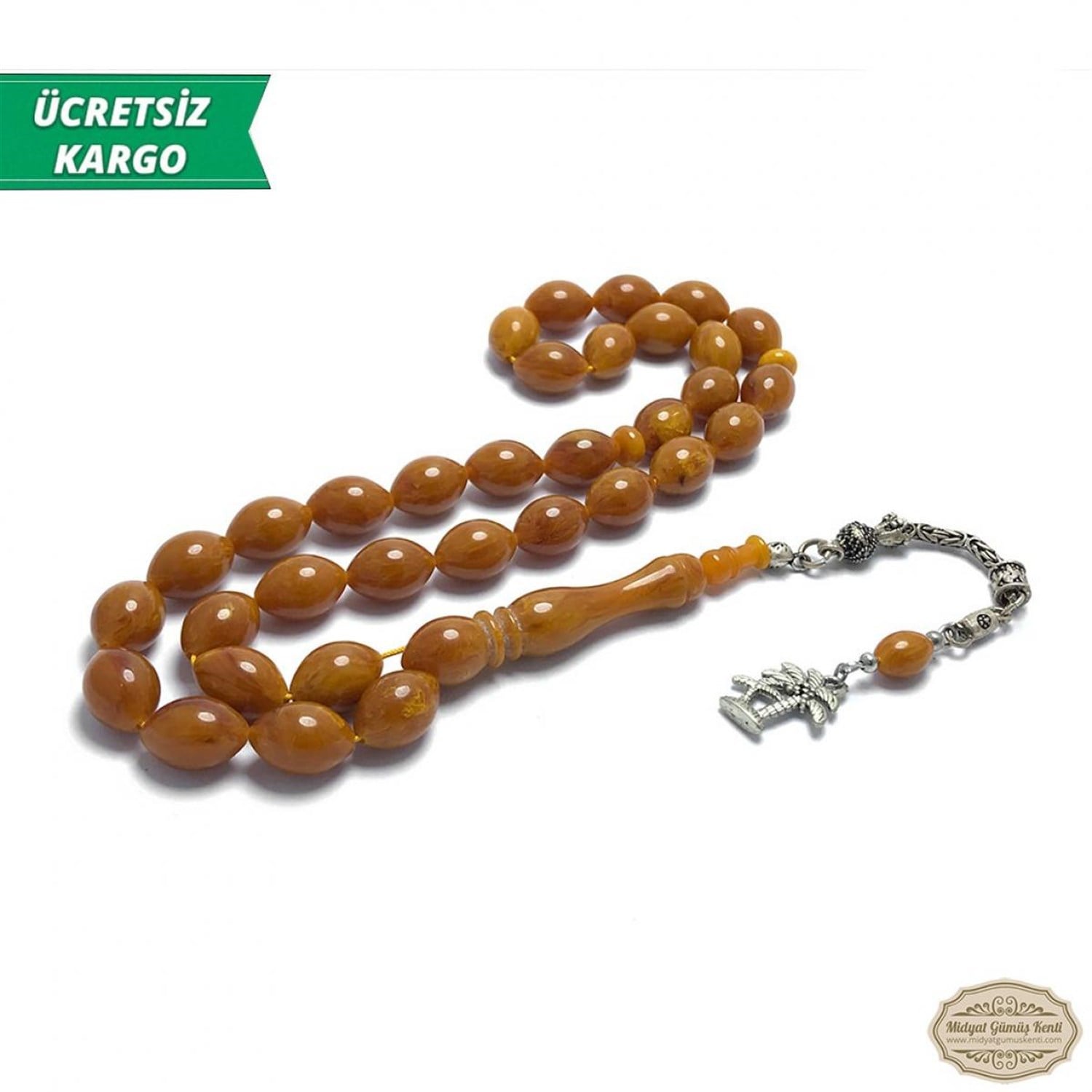 Kahverengi Renkte Arpa Kesim Sıkma Kehribar Tesbih