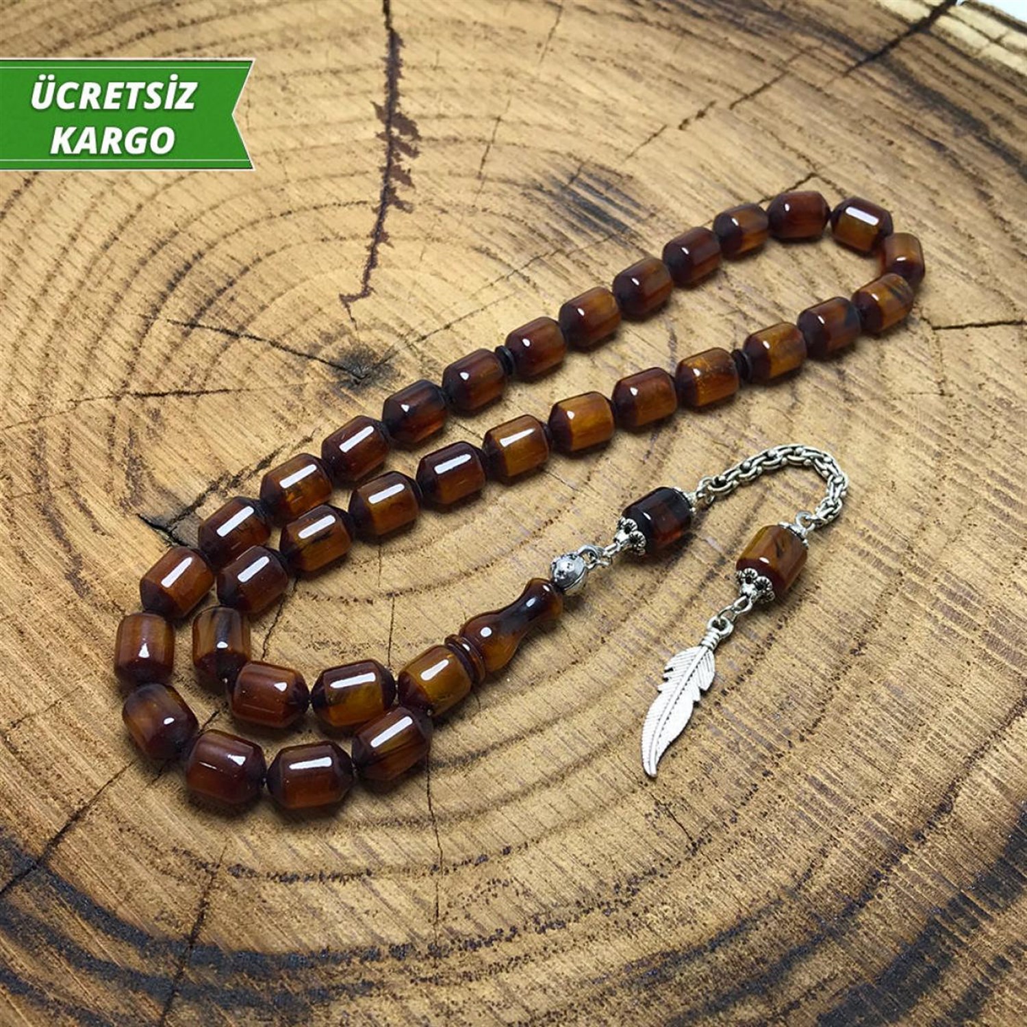 Kakapsül Kesim Kahverengi Renkte Sürmeli Sıkma Kehribar Tesbih