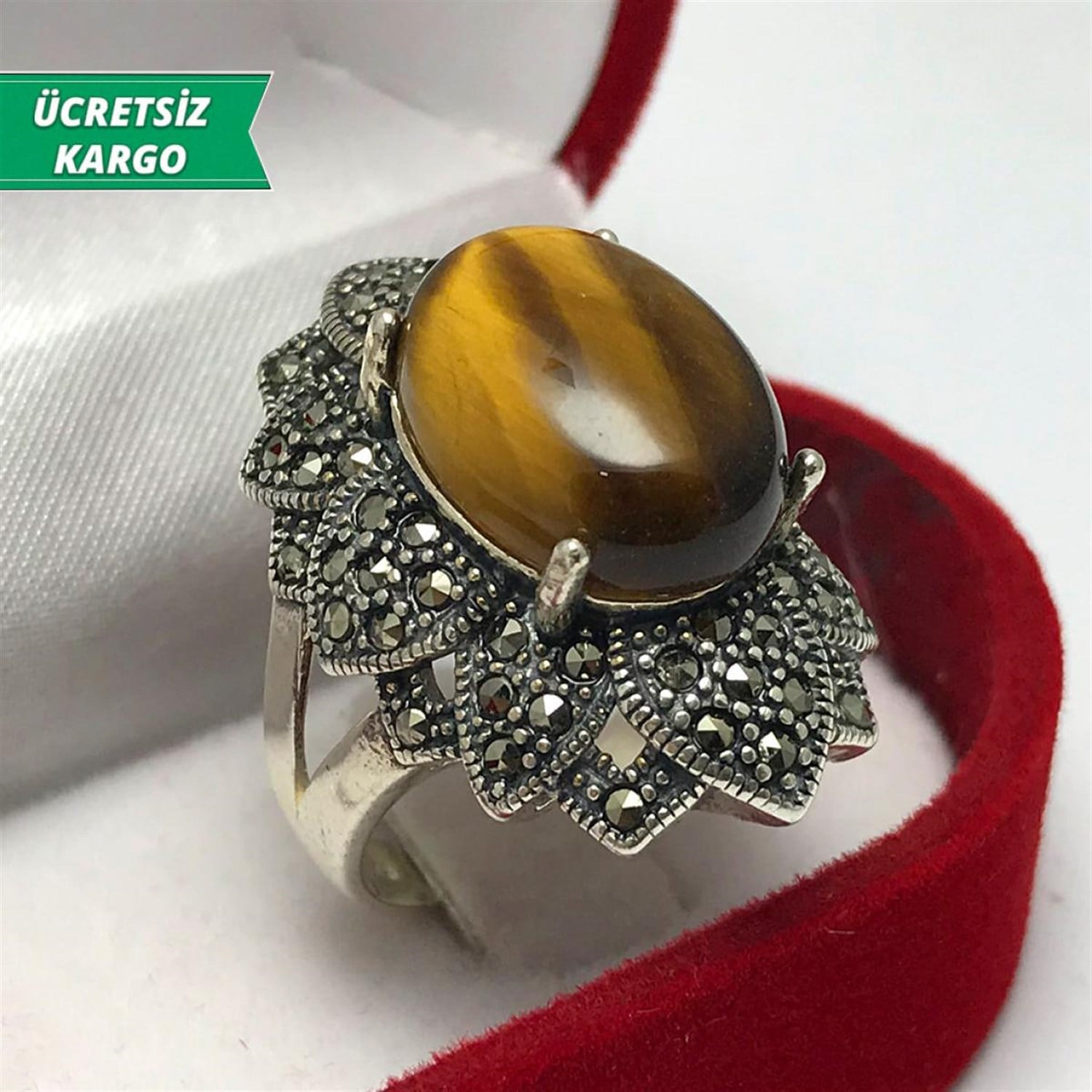 Kaplan Gözü Taşlı Markazit Bayan Gümüş Yüzük