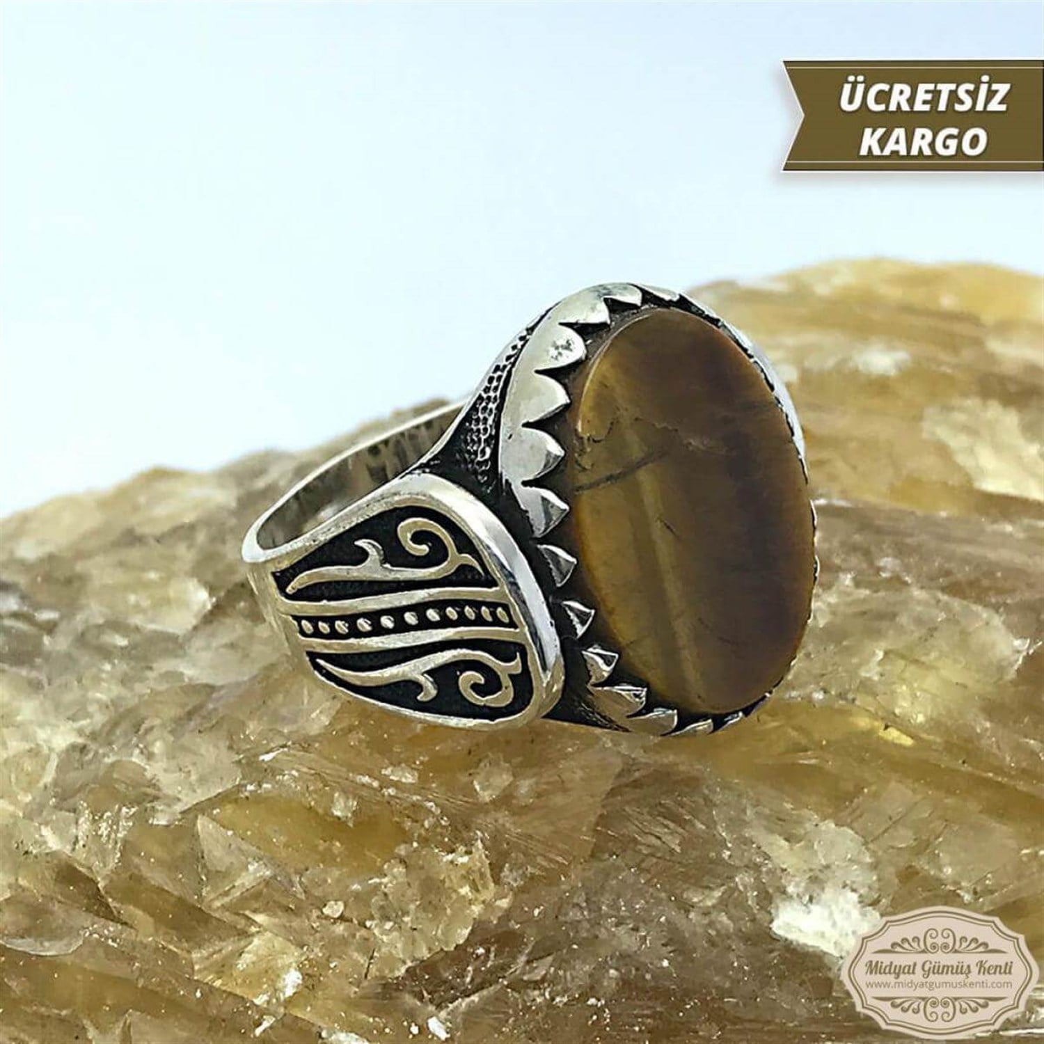 Kaplangözü Taşlı Elips Model işlemeli 925 Ayar Erkek Gümüş Yüzük
