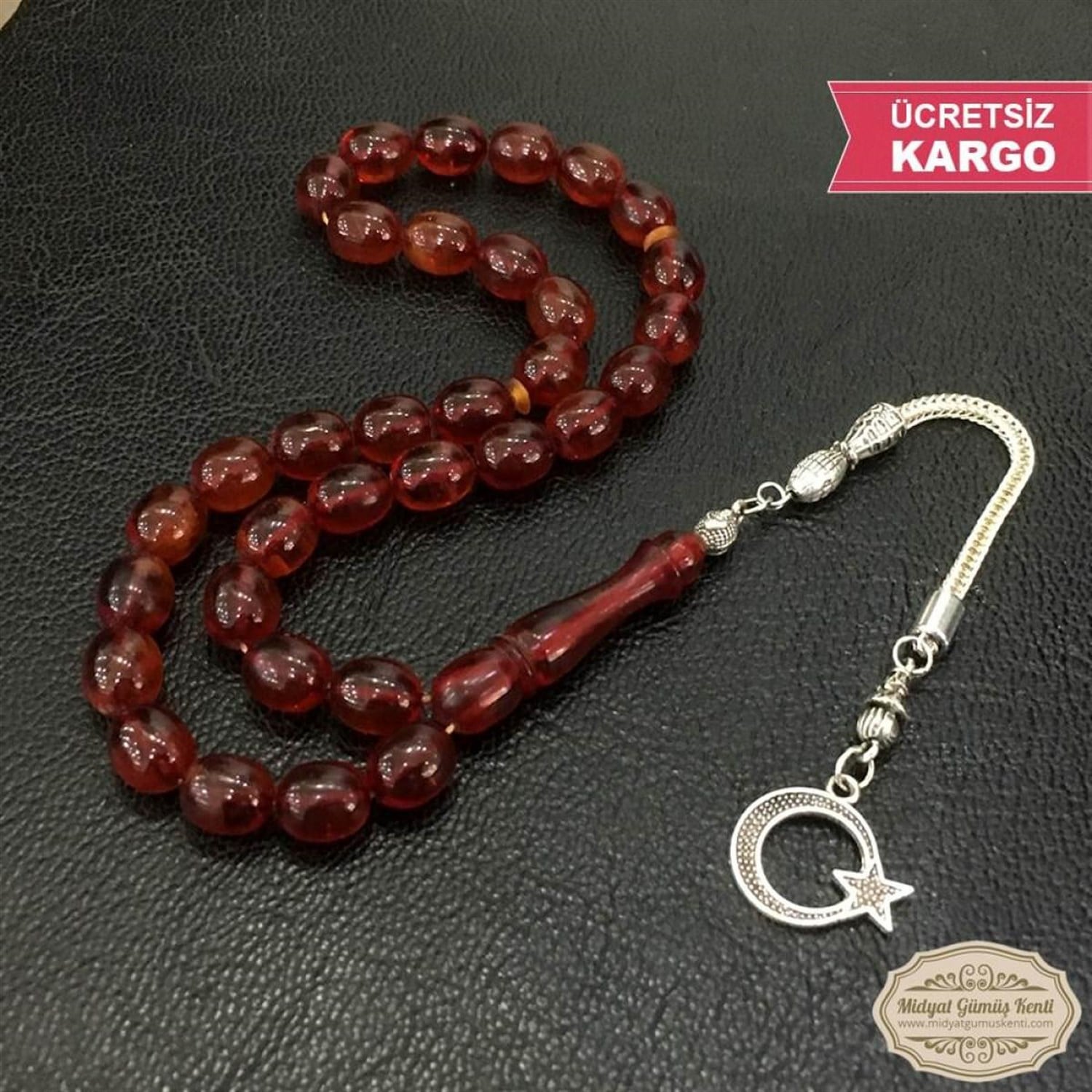 Kapsül Kesim Ayyıldız Gümüş Püsküllü Ateş Kehribar Tesbih