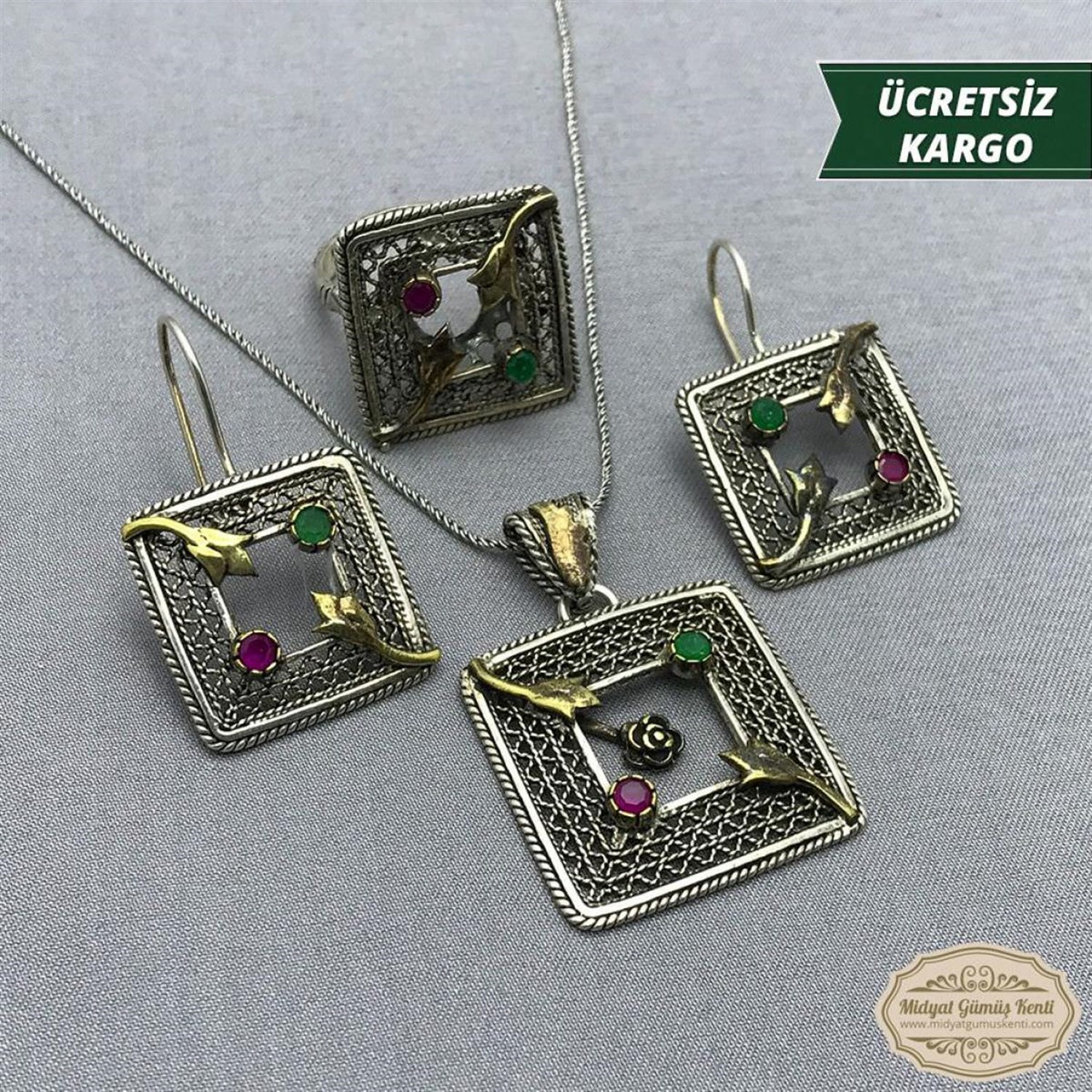 Kare Lale Model Taşlı 925 Ayar Bayan Oksitli Telkari Gümüş Üçlü Set