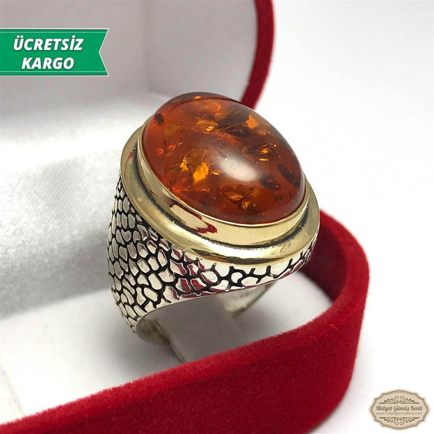 Kehribar Taşlı Erkek Gümüş Yüzük