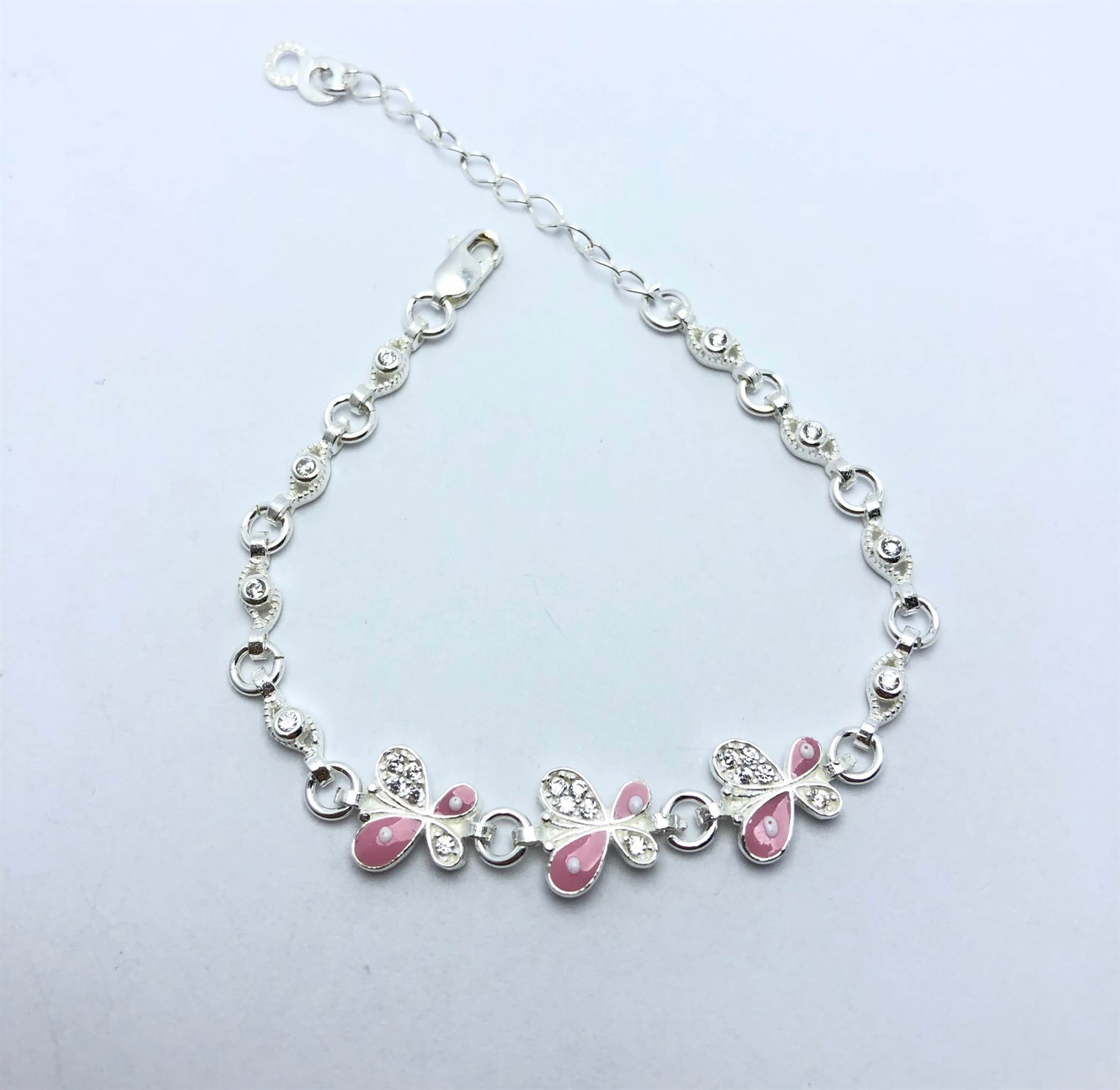 Kelebek Tasarım Pembe Mine Taşlı Gümüş Çocuk Bilekliği