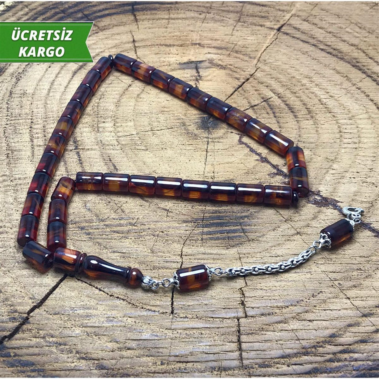 Kesme Kesim Kahverengi Renkte Sürmeli Sıkma Kehribar Tesbih