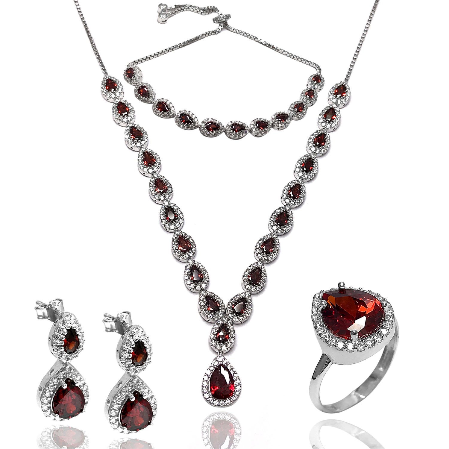 Kırmızı Zirkon Taşlı 925 Ayar Damla Model Bayan Gümüş Set