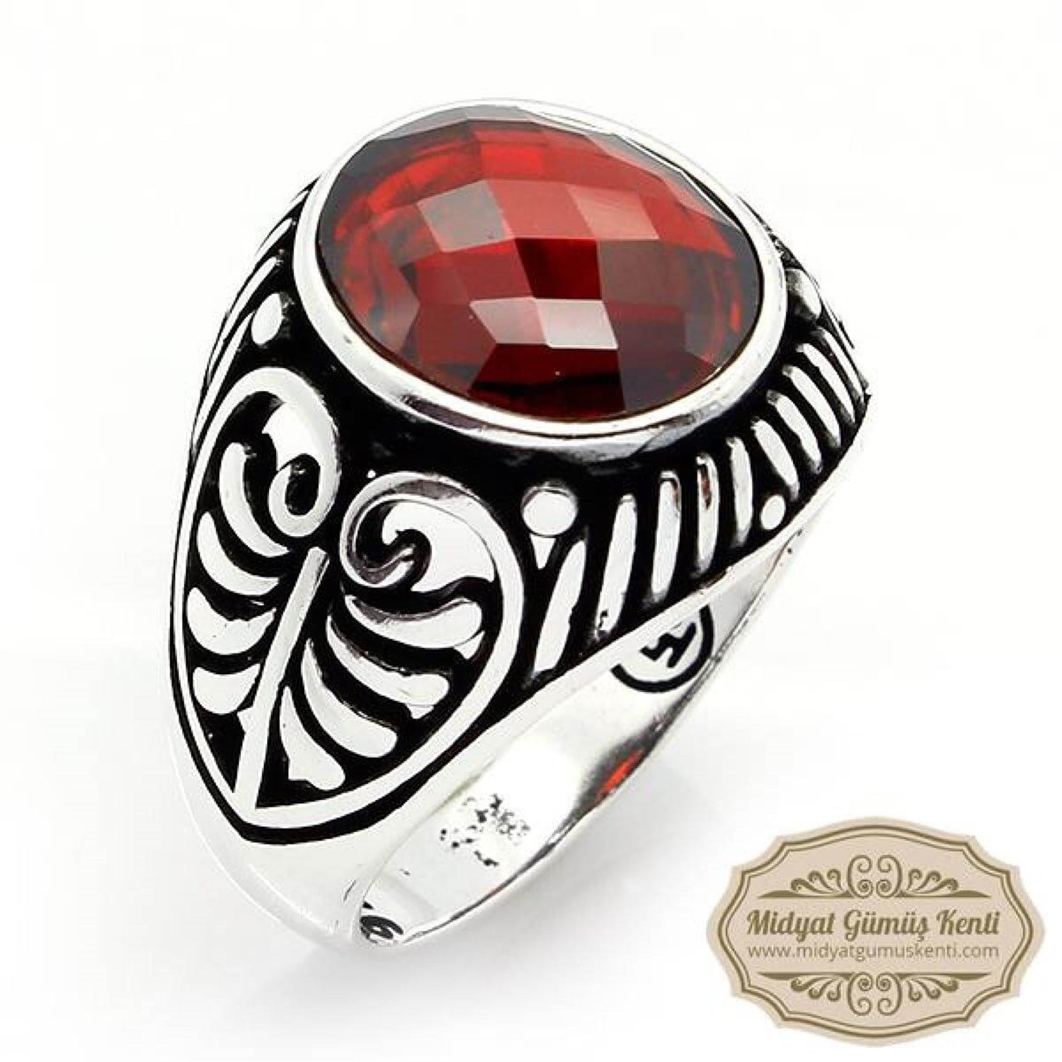 Kırmızı Zirkon Taşlı Elips Model Gümüş Erkek Yüzük