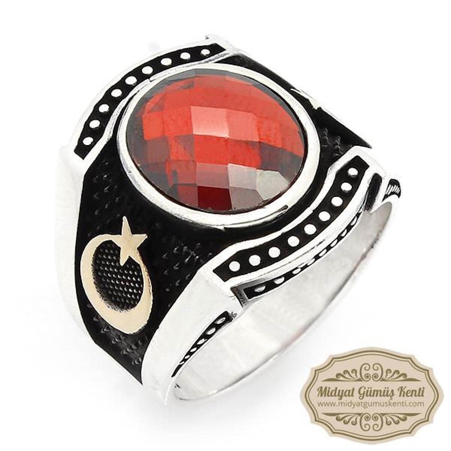 Kırmızı Zirkon Taşlı Elips Model Gümüş Erkek Yüzük