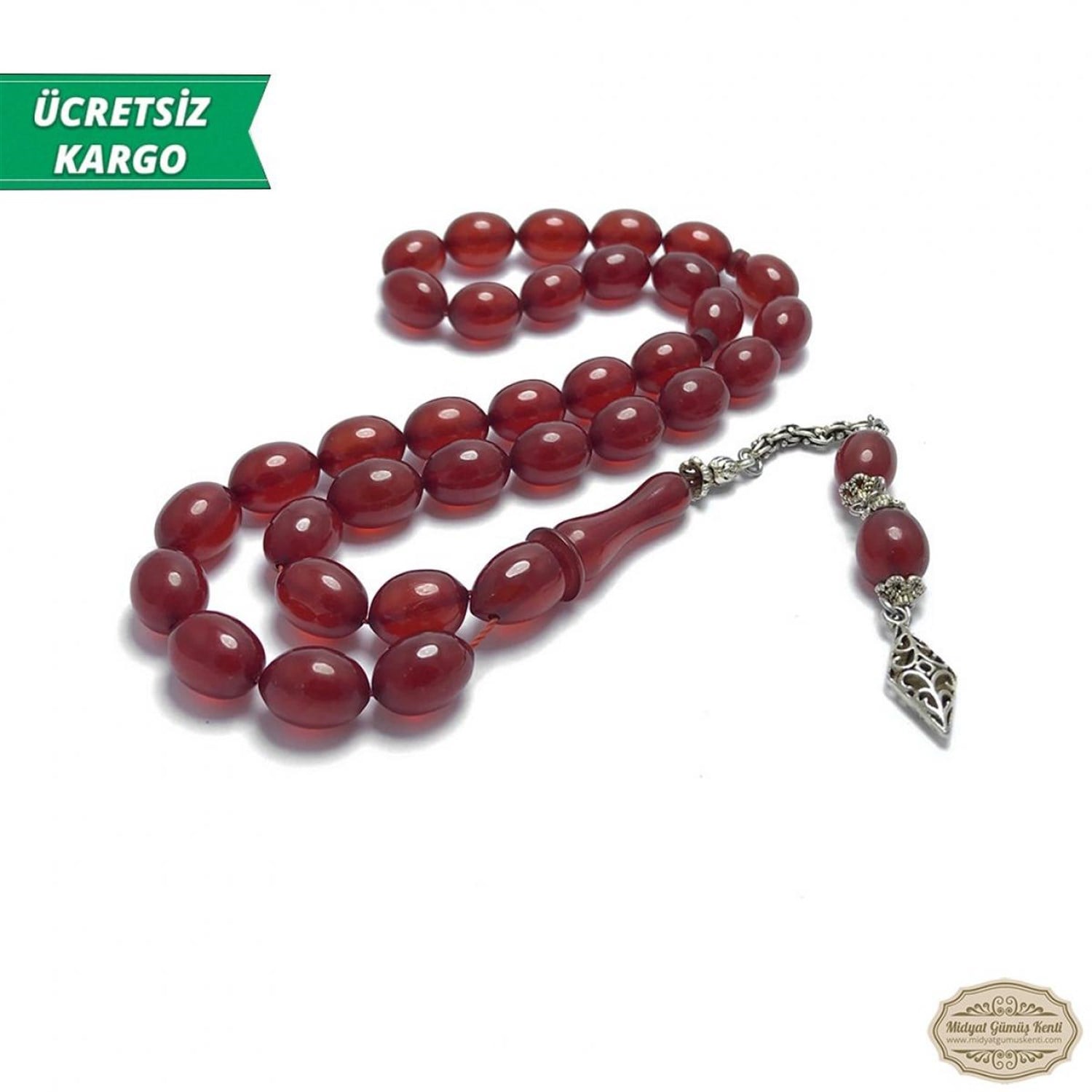 Kızıl Renkte Beyzi Kesim Sıkma Kehribar Tesbih