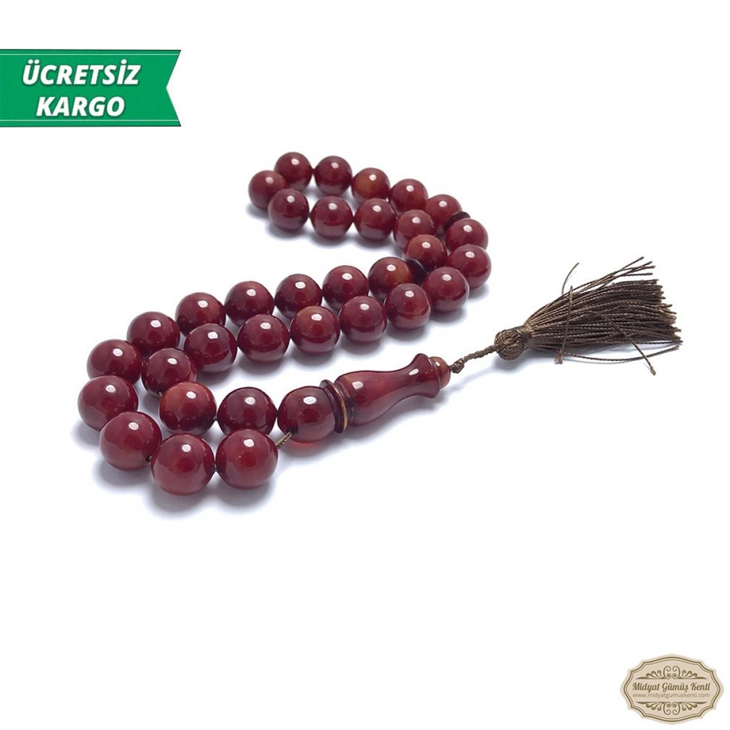 Kızıl Renkte Küre Kesim Sıkma Kehribar Tesbih