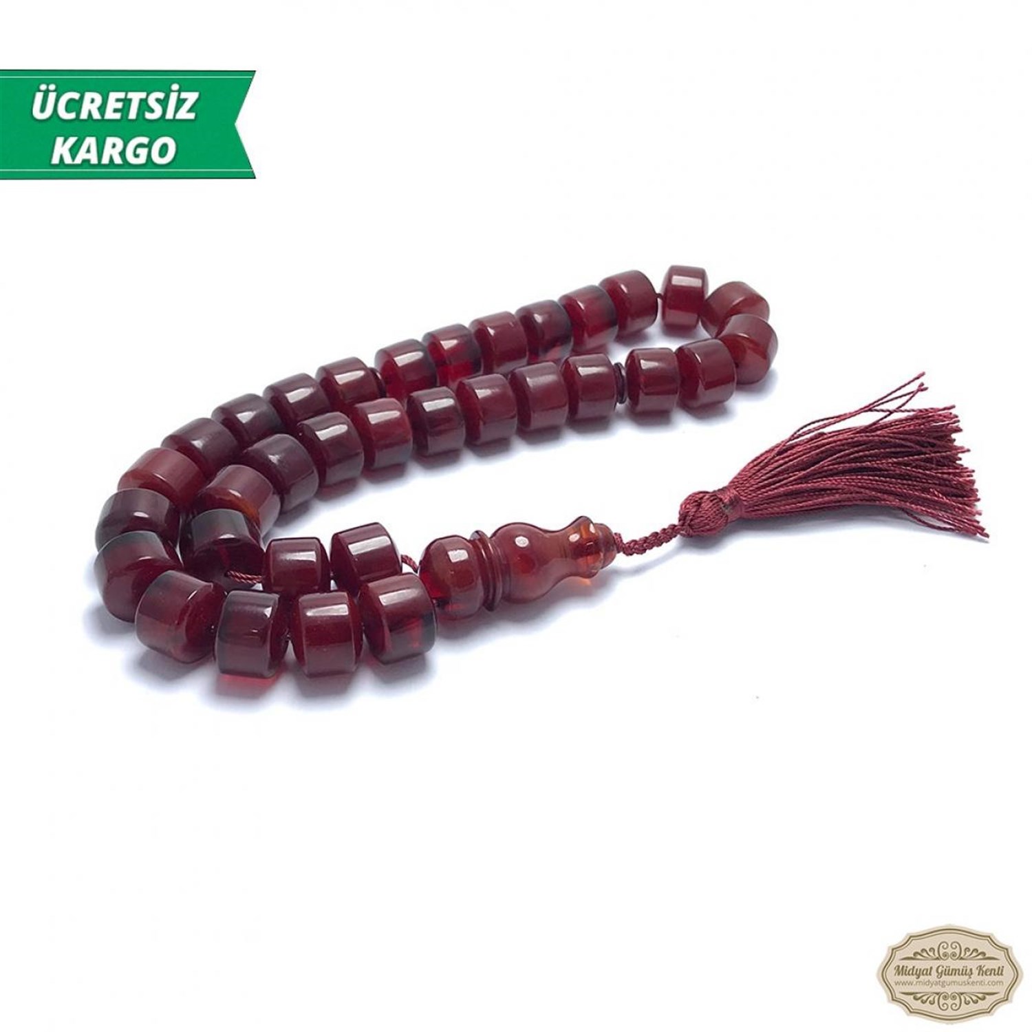 Kızıl Renkte Sıkma Tekerlek Kesim Kehribar Tesbih